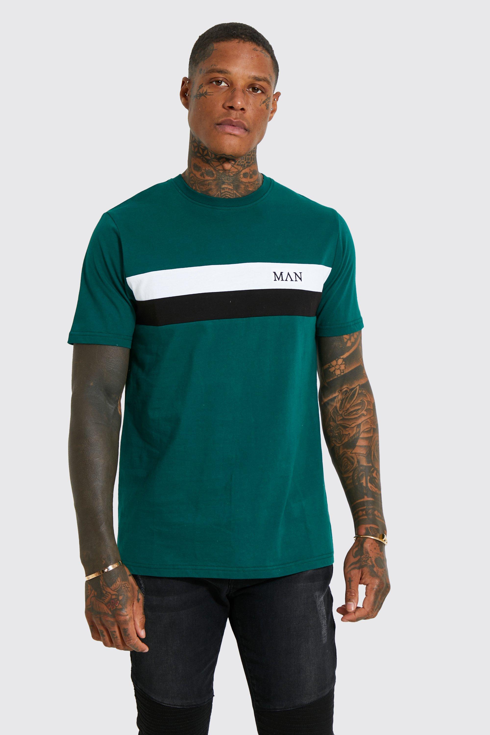 Man Colour Block T-Shirt Met Tekst, Forest