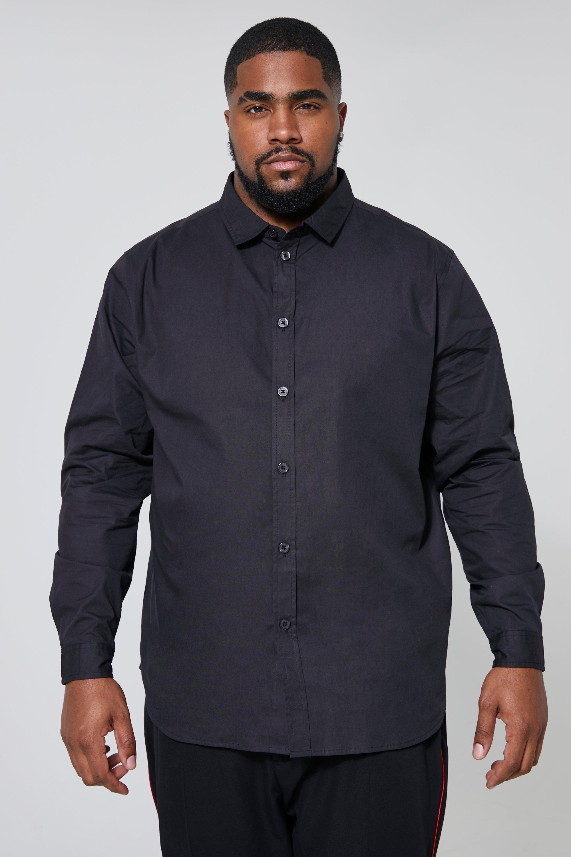 Mens Black Plus Long Sleeve Cutaway Collar Poplin Shirt, Black
