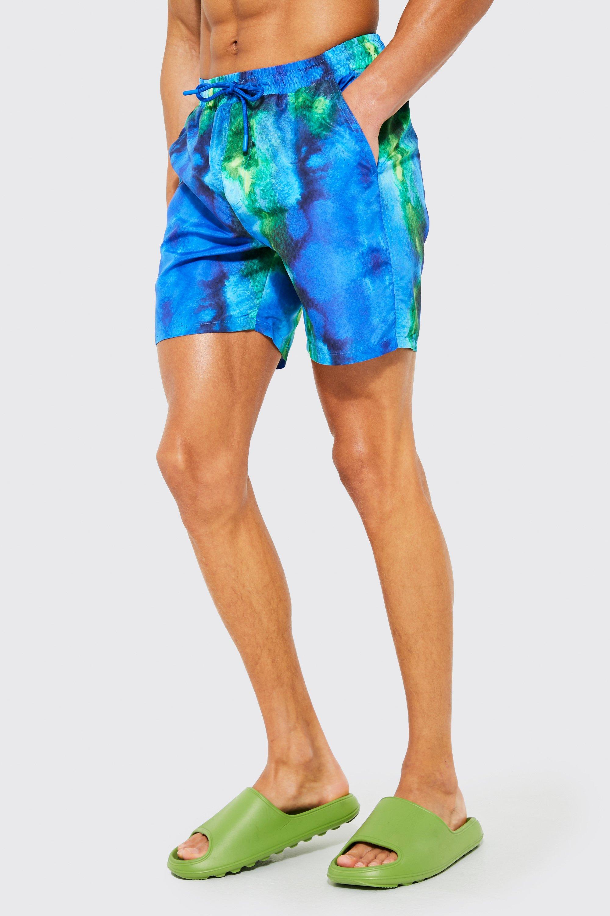 Abstract Print Mid Length Swim Shorts, Blue