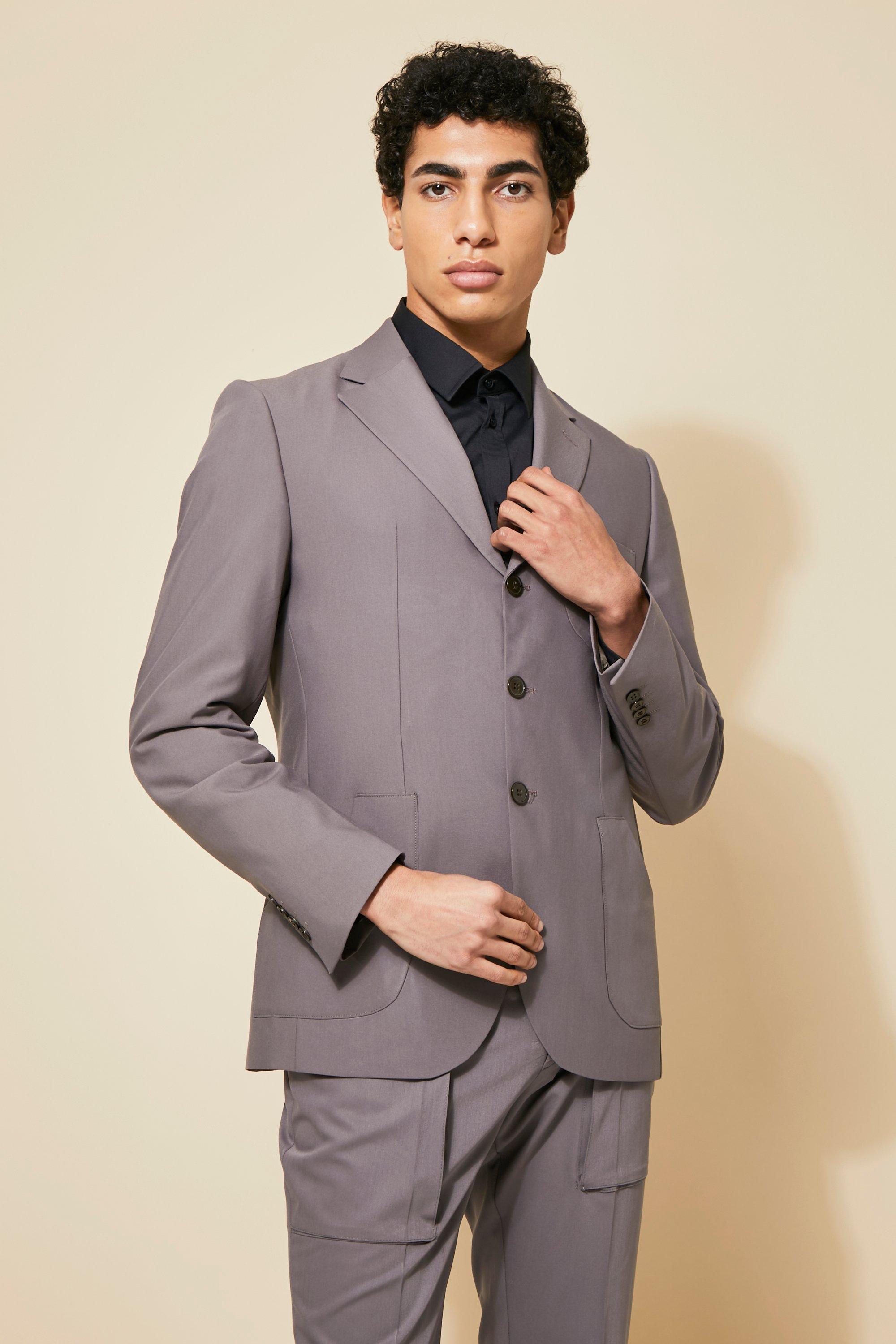 Mens Taupe Single Breasted Patch Pocket Slim Suit Jacket product