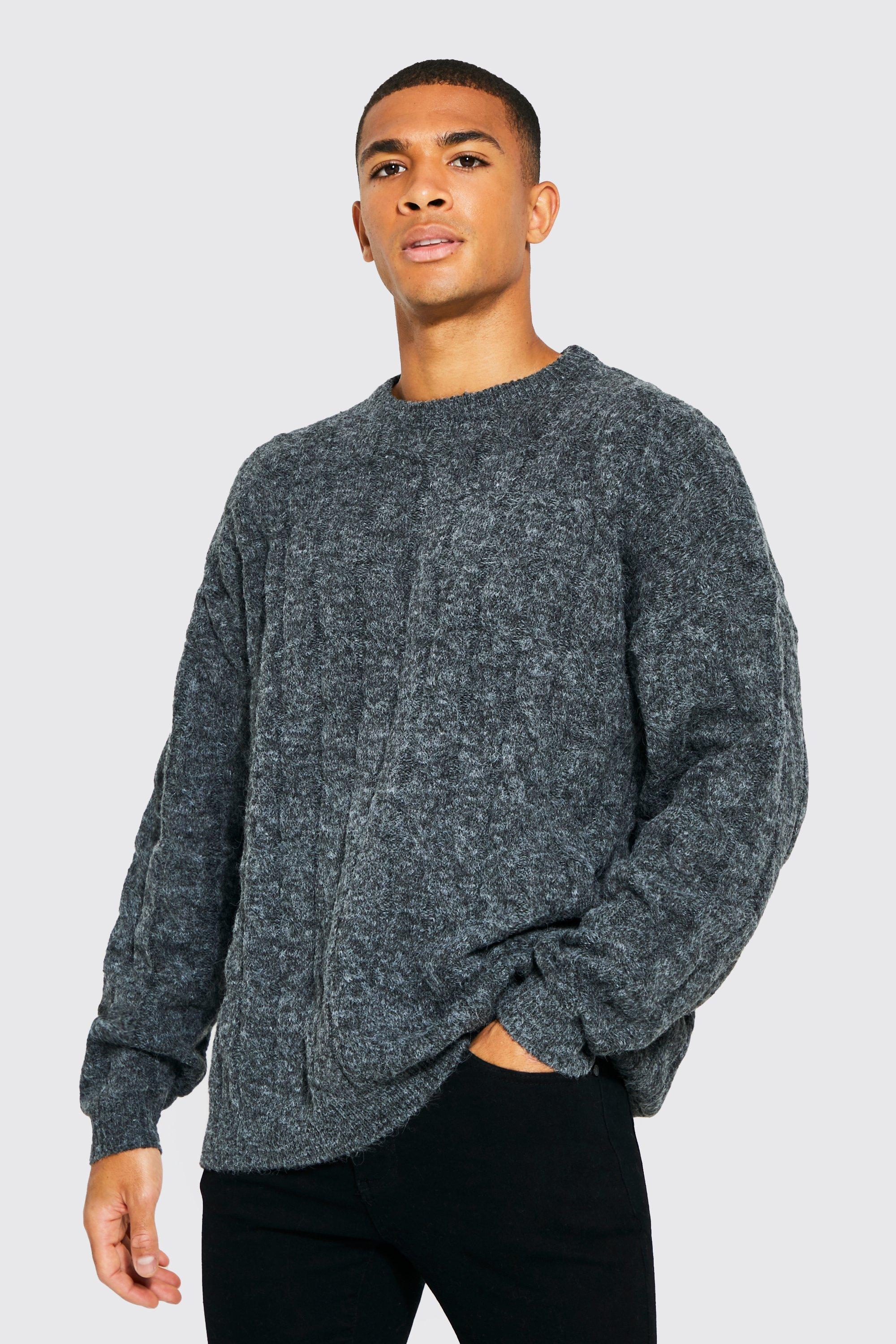 Mens Grey Oversized Cable Brushed Yarn Knitted Jumper, Grey