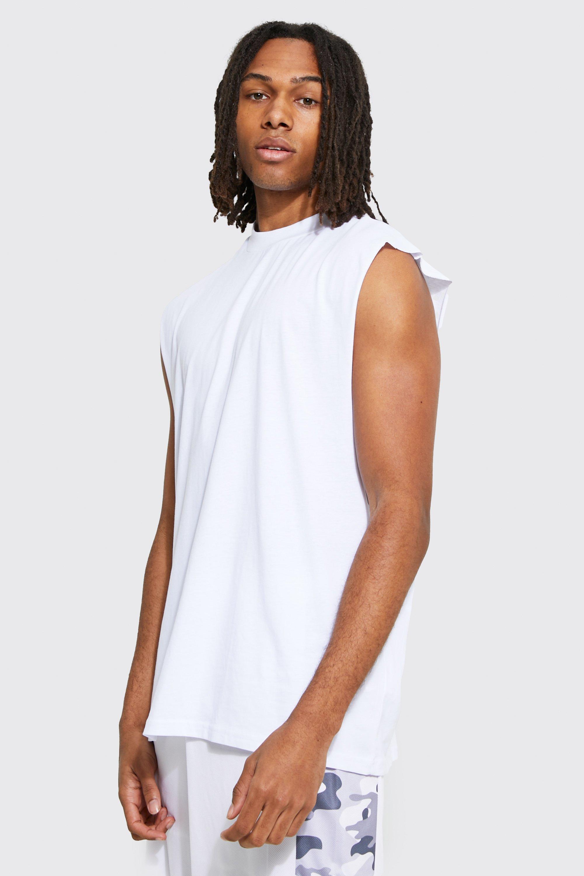 Mens White Oversized Extended Neck Drop Armhole vest product