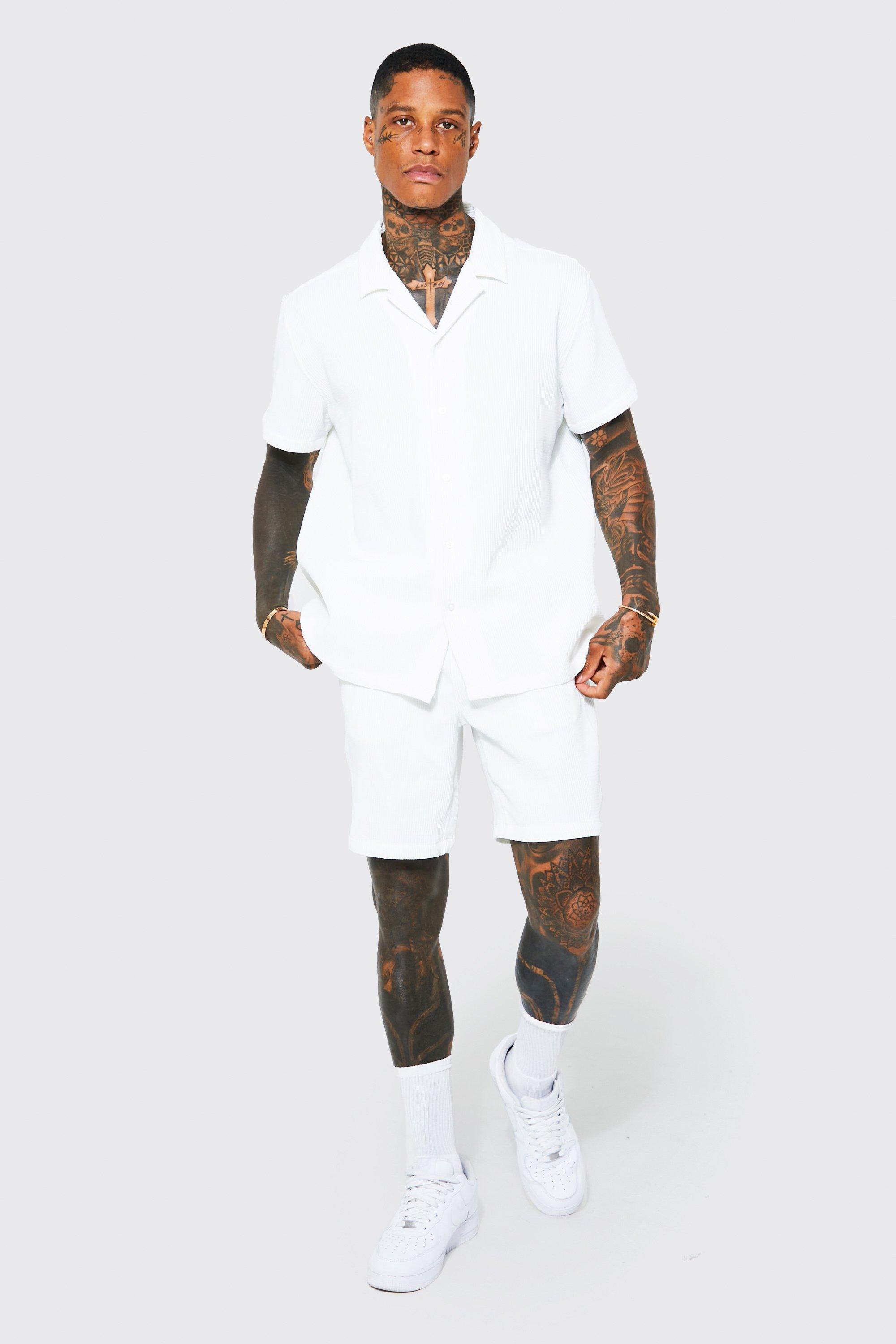 Mens White Oversized Short Sleeve Pleated Shirt And Short product