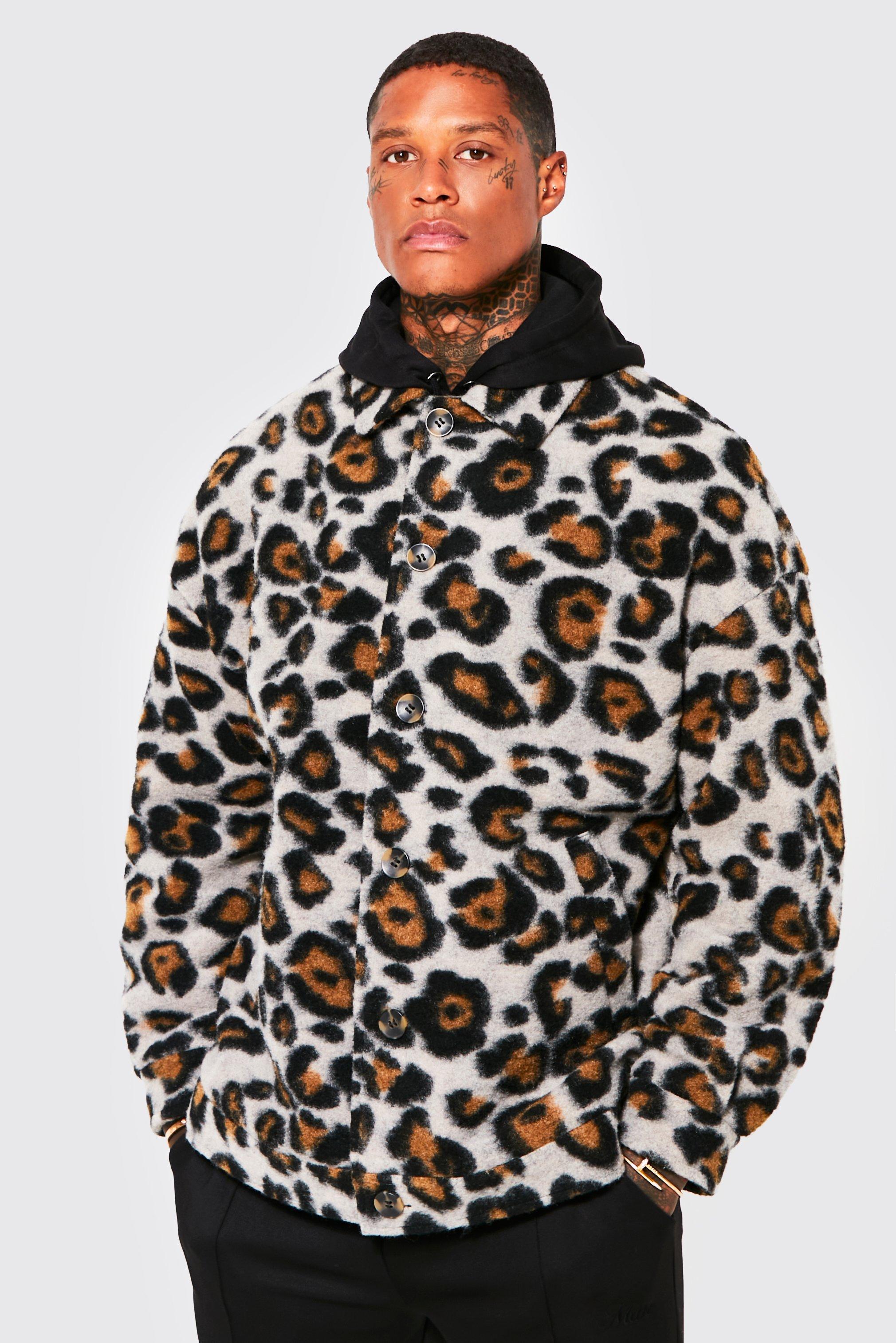Boohoo - Oversized wollen luipaardprint harrington jas, brown