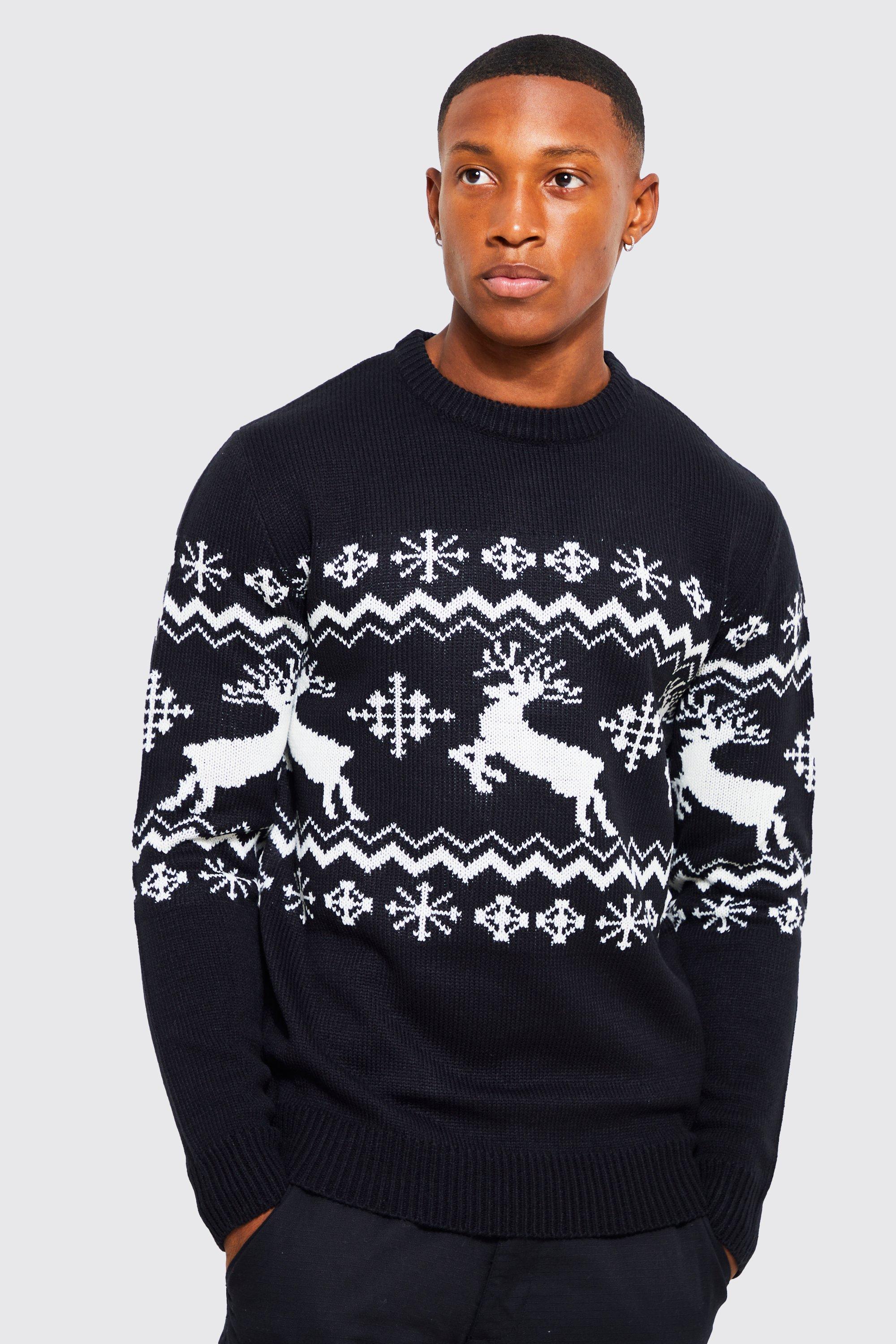 Mens Black Reindeer Fairisle Christmas Jumper, Black