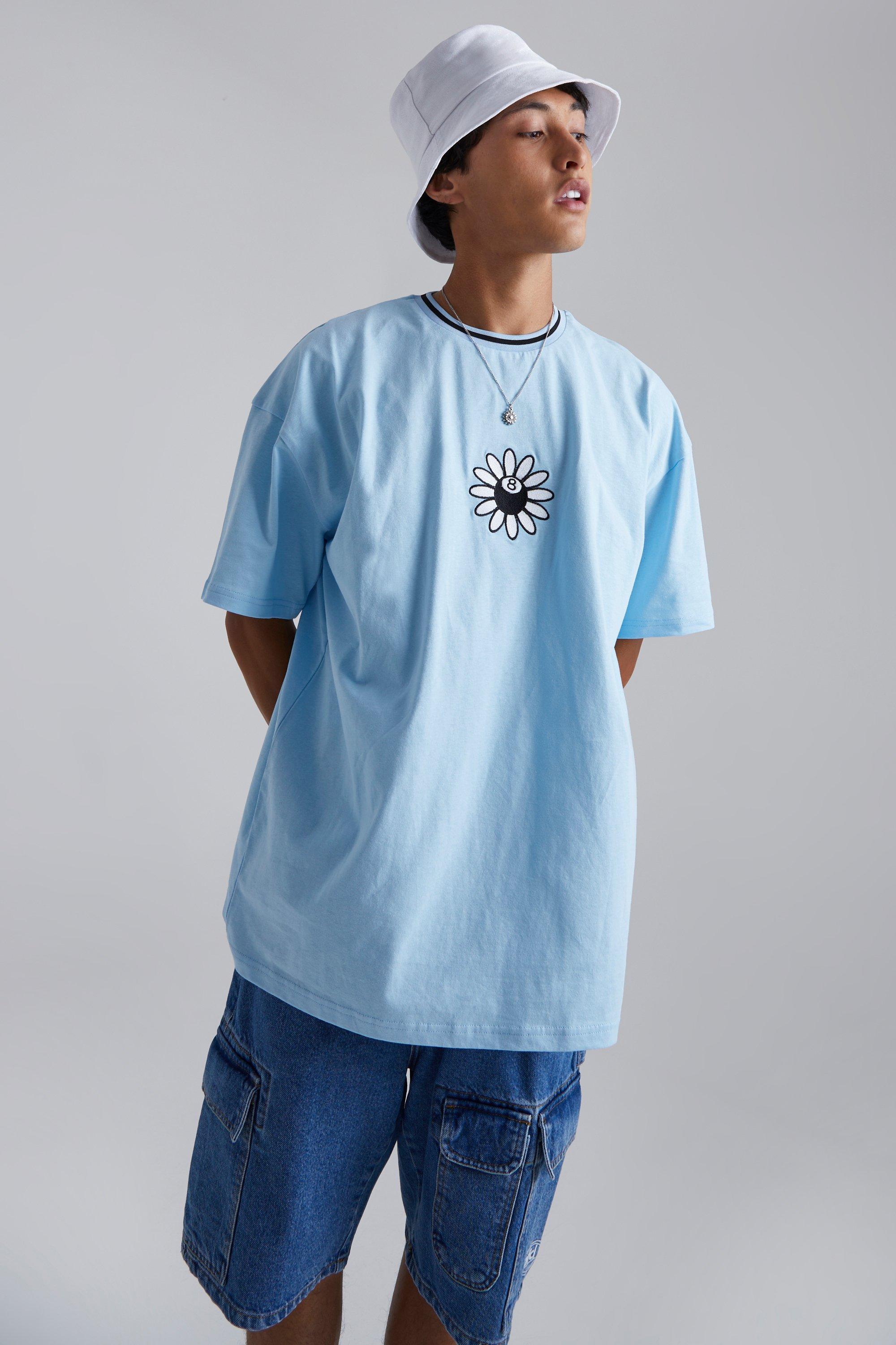Geripptes Oversize T-Shirt Mit Flower Sports Print - Light Blue - Xs, Light Blue