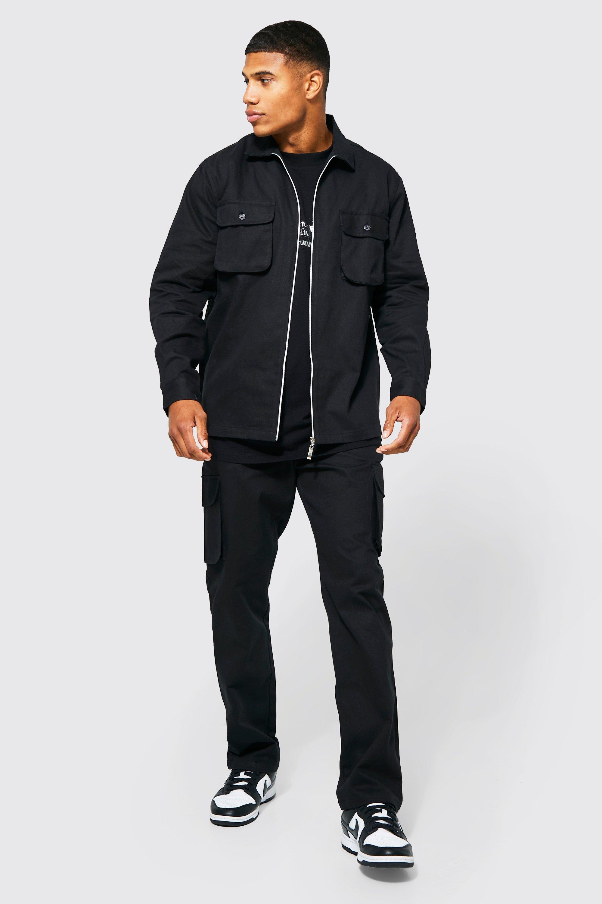 Boohooman Mens Black Utility Zip Shirt And Trouser Set, Black