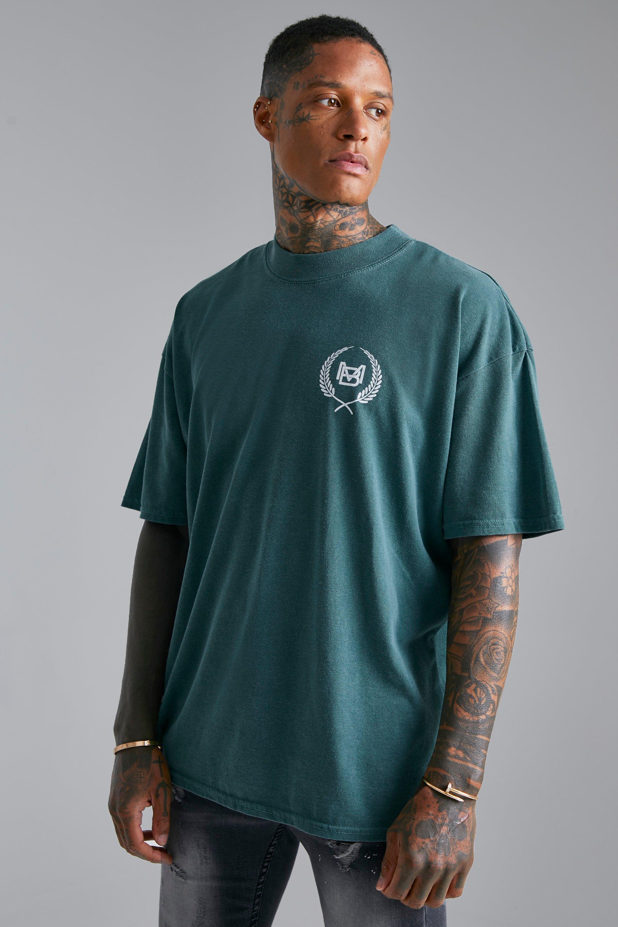 Oversized Extended Neck Overdye Homme T-Shirt, Green