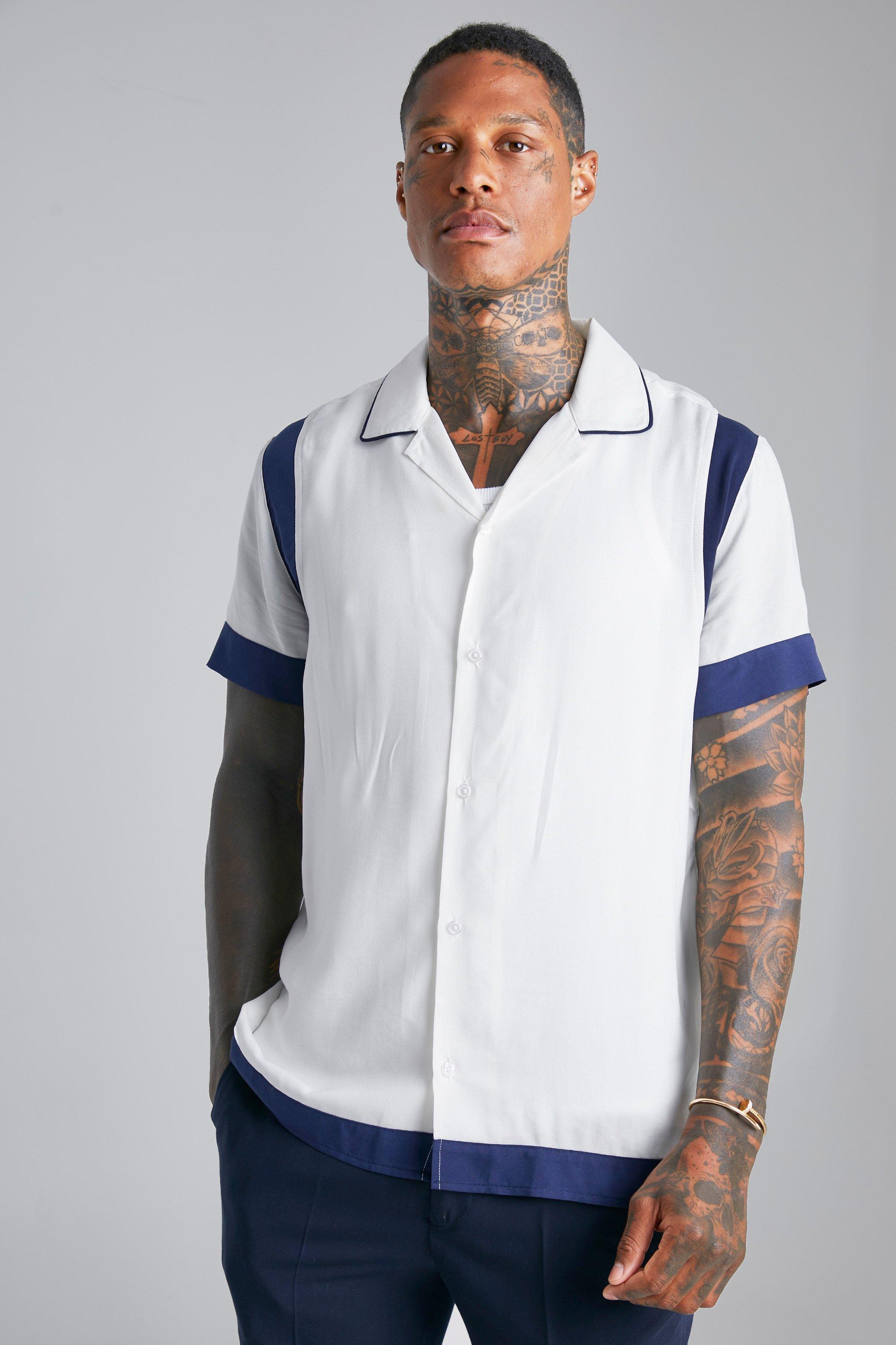 Viscose Regular Fit Color Block Overhemd, White