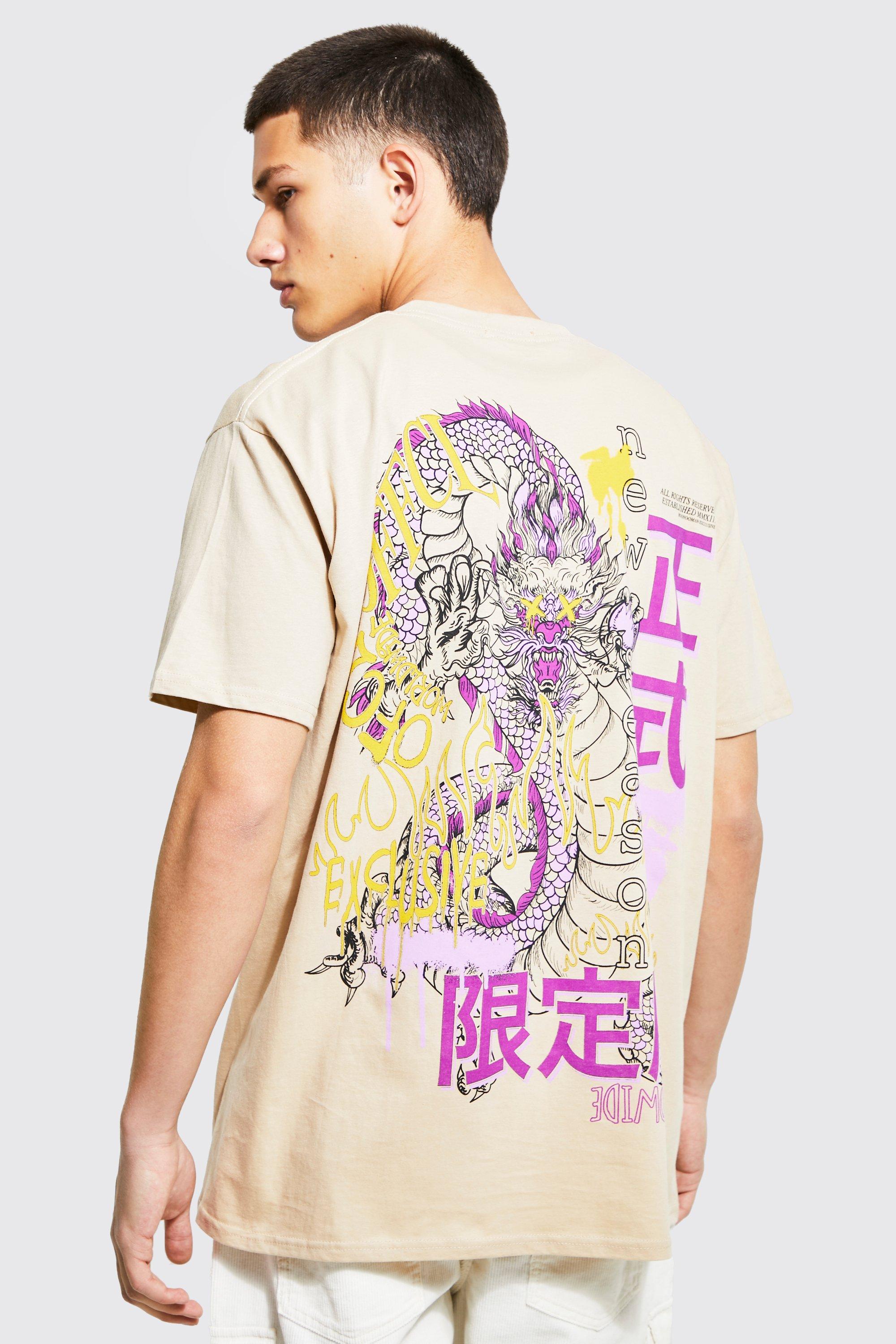 Oversized Dragon Back Print Overdye T-Shirt, Beige