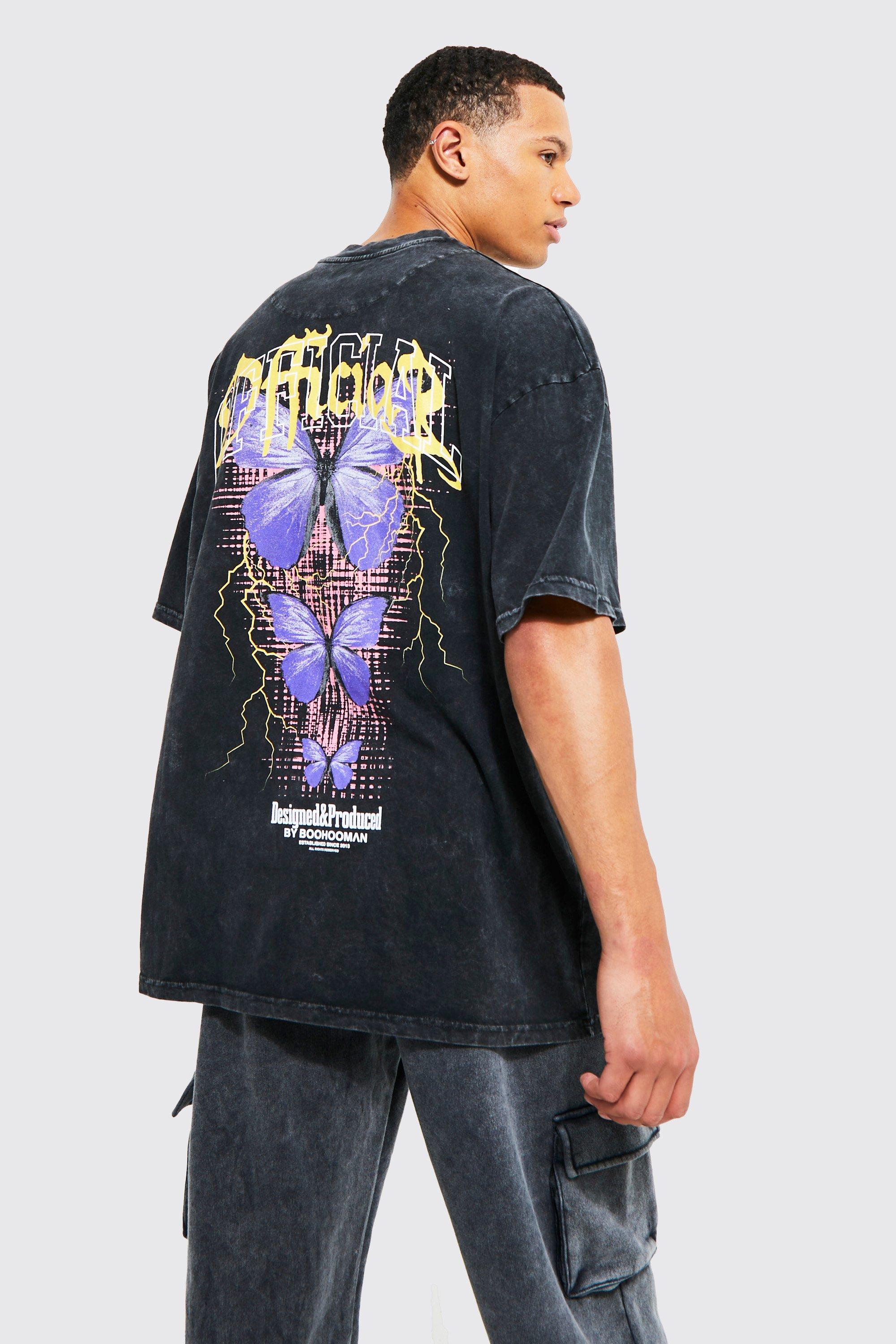 Tall Acid Wash Gebleekt Vlinder T-Shirt Met Rugopdruk, Charcoal