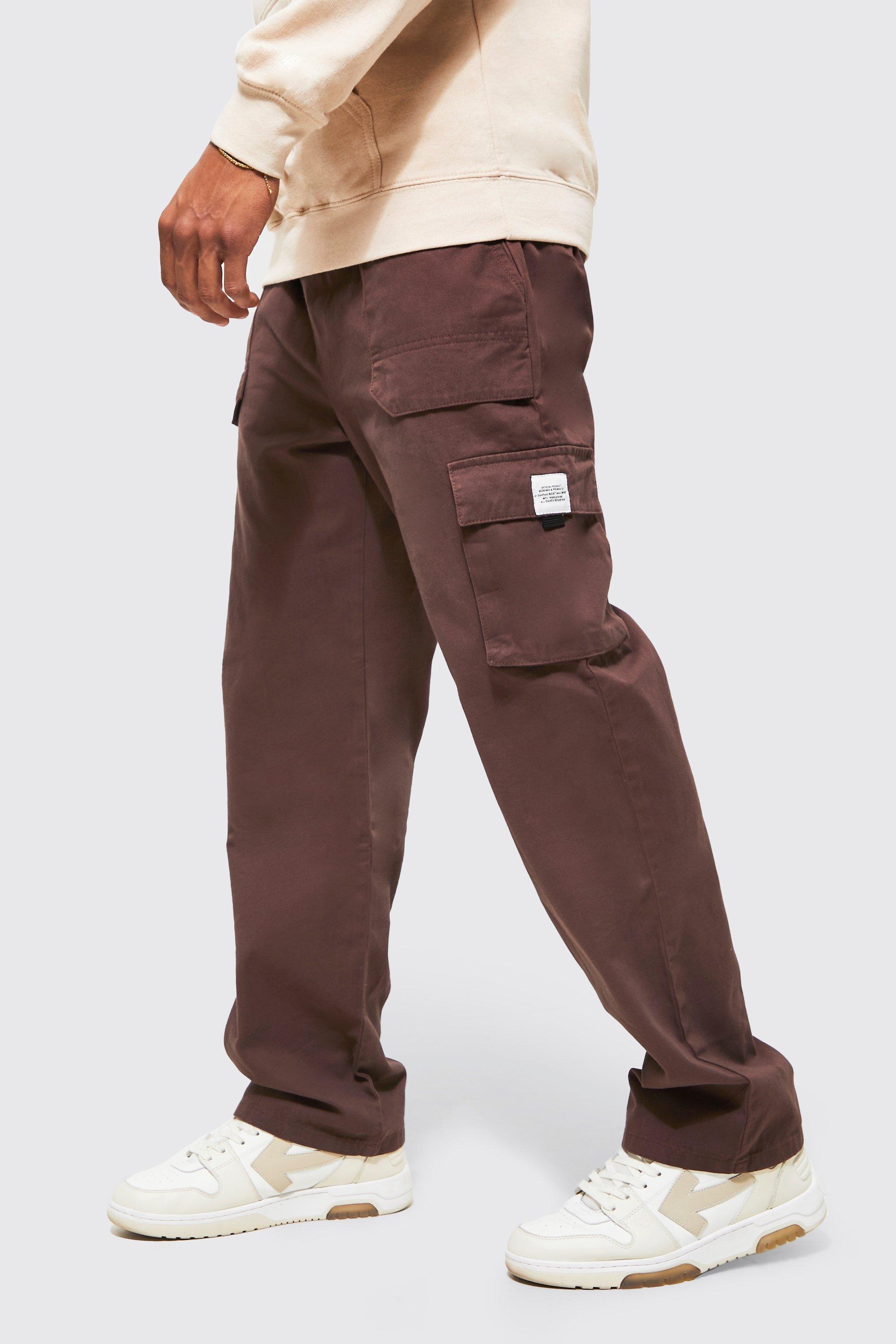 Mens Brown Elastic Waist Relaxed Fit Buckle Cargo Jogger, Brown