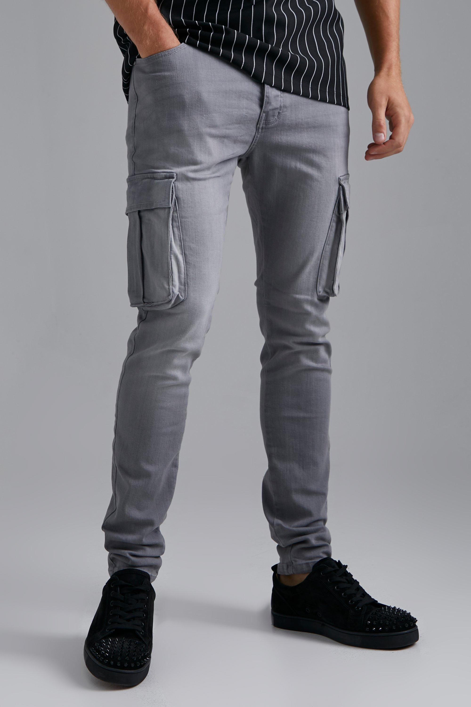 Boohoo Tall Stretch Cargo Skinny Jeans, Mid Grey