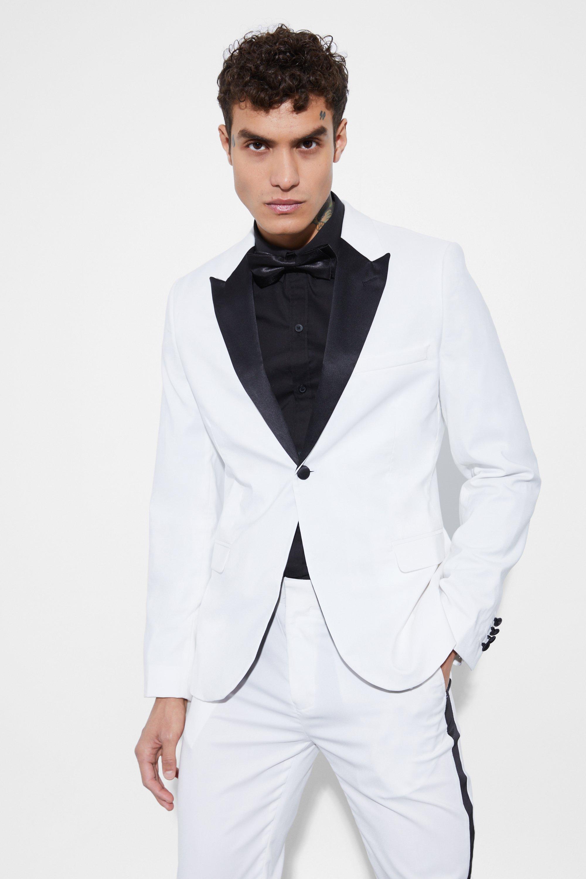 Mens White Skinny Tuxedo Single Breasted Suit Jacket, White