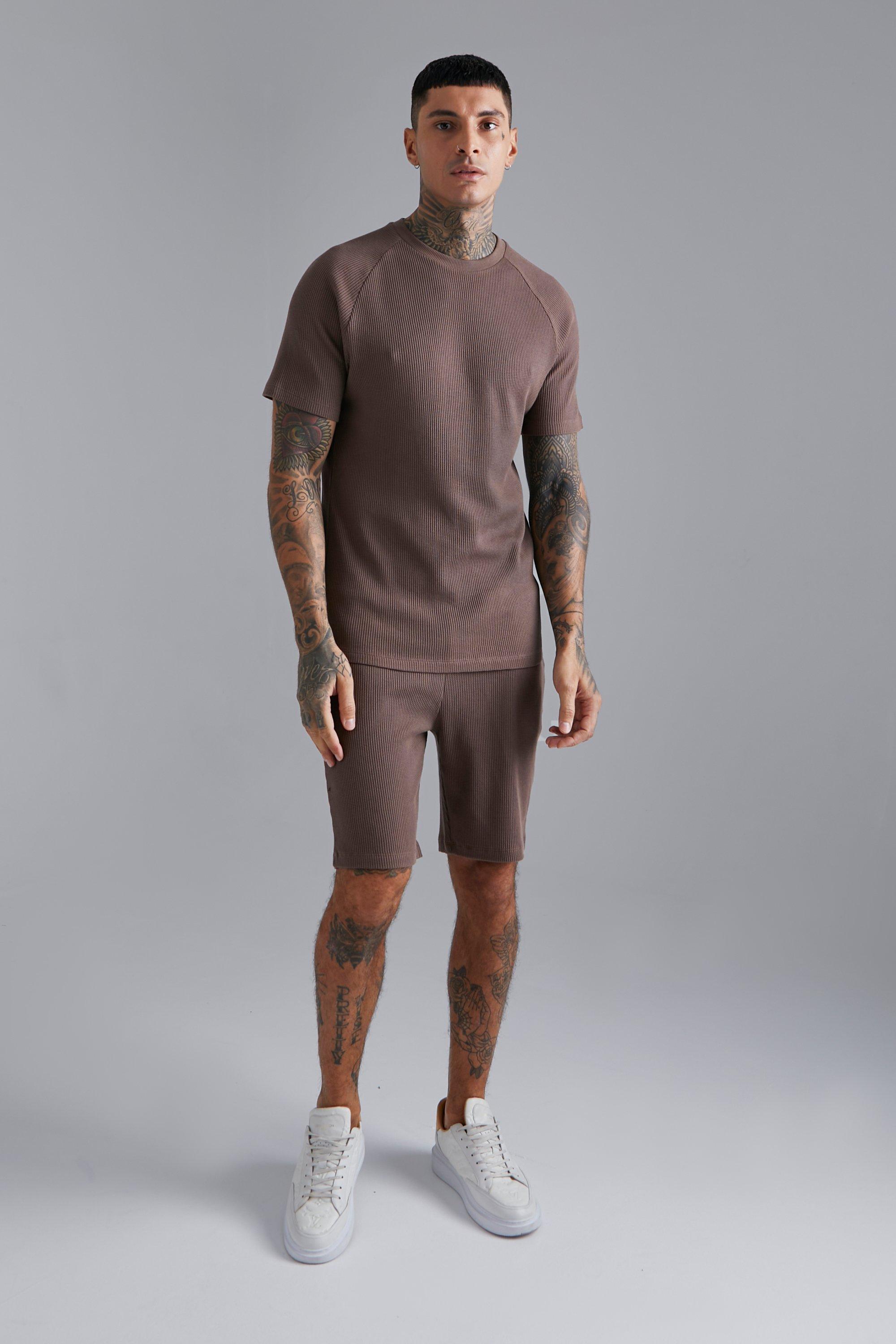 Wafel Gebreid Slim Fit Raglan T-Shirt En Shorts Set, Coffee