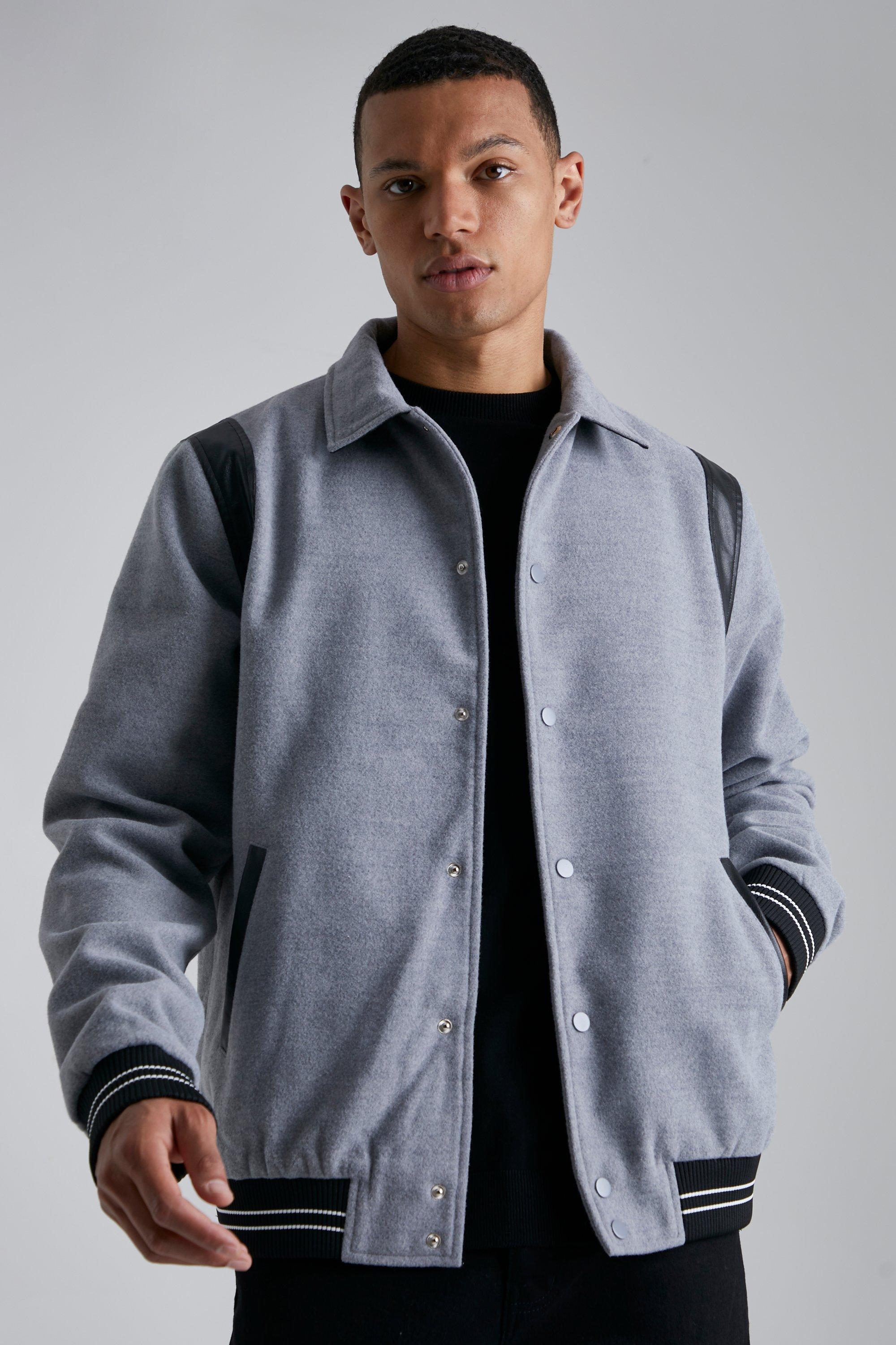 Mens Grey Tall Texture Faux Leather Panel Bomber Jacket, Grey
