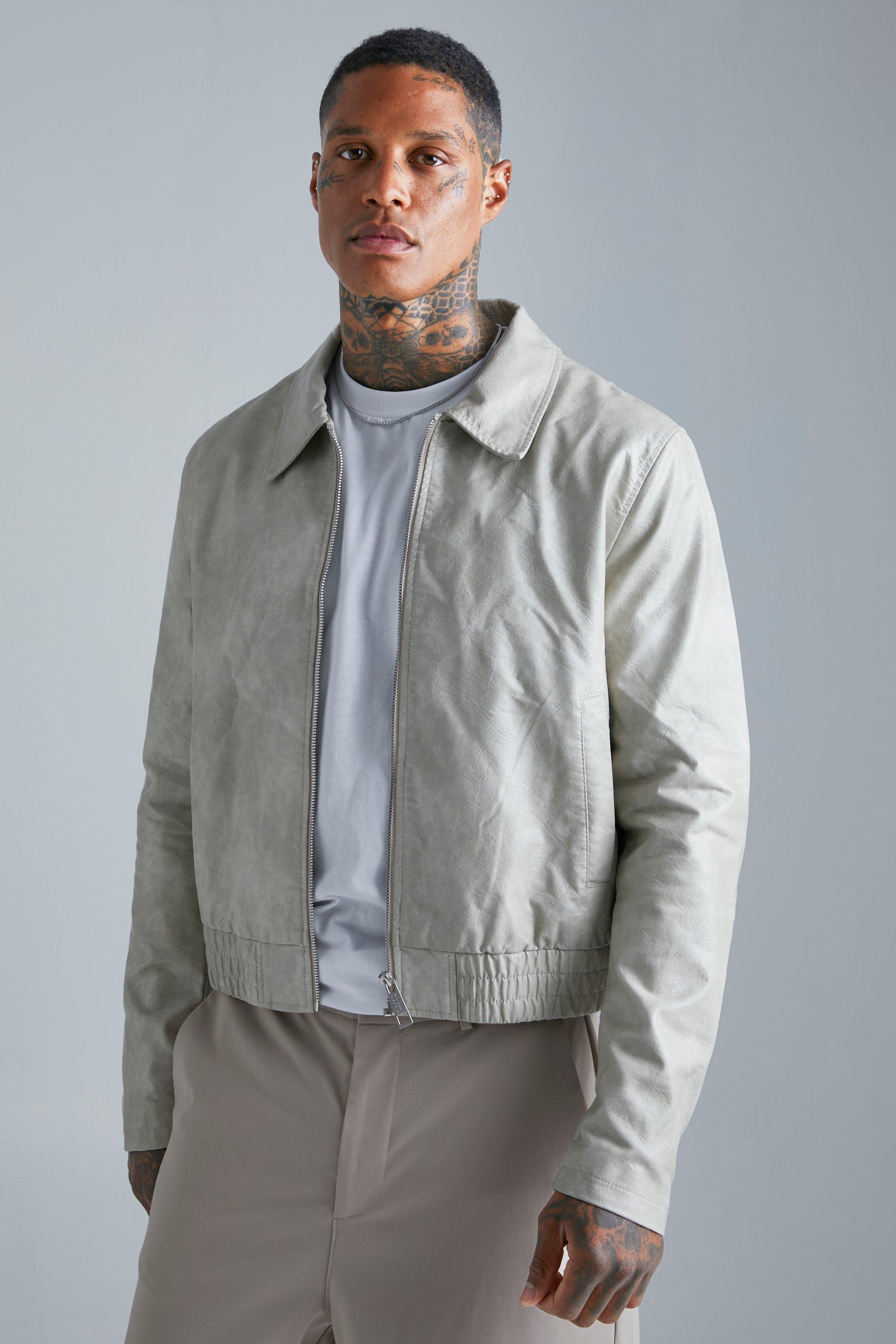 Mens Grey Textured Pu Biker Jacket With Collar, Grey