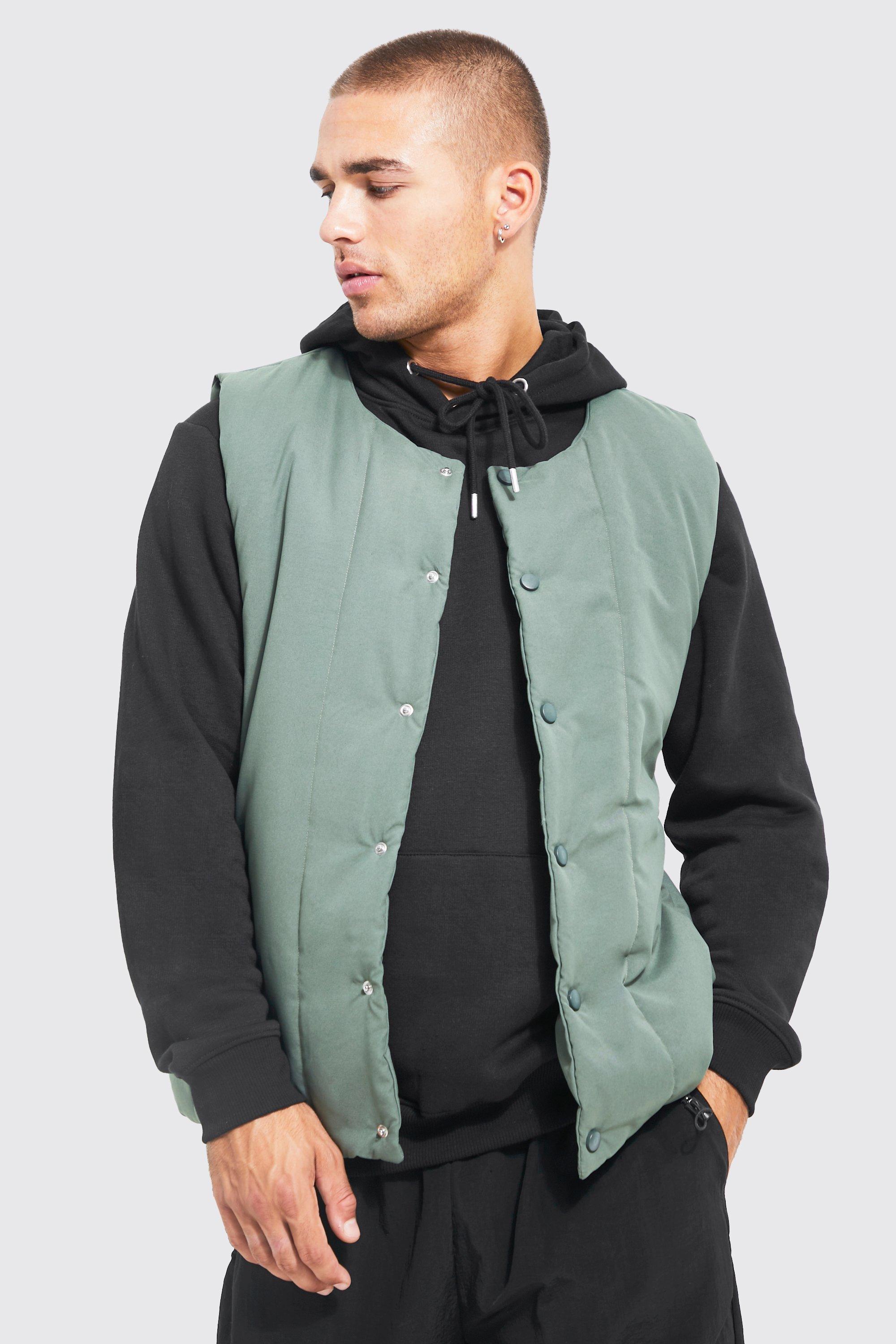 Mens Green Washed Nylon Quilted Collarless Gilet, Green