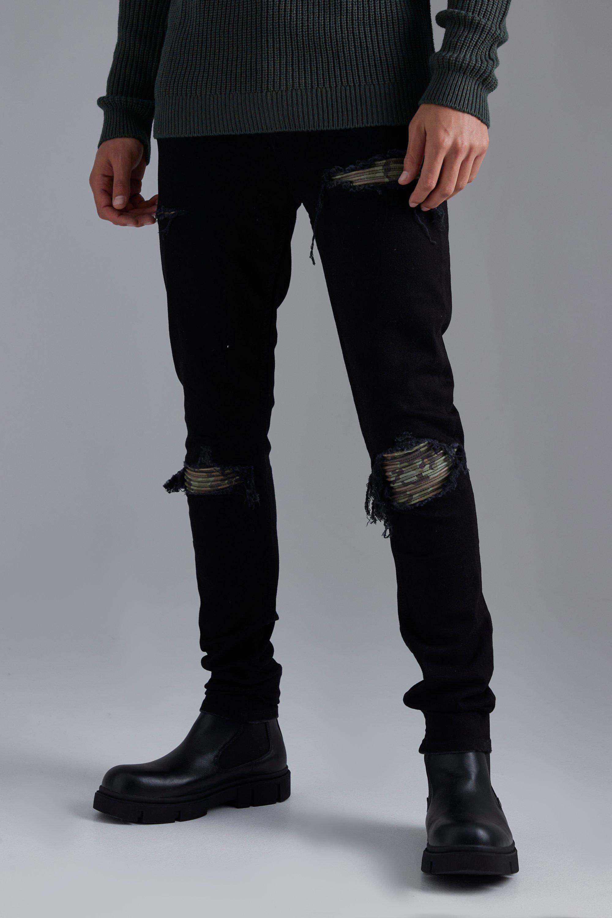 Tall Stretch Camouflage Print Rip & Repair Skinny Jeans, True Black