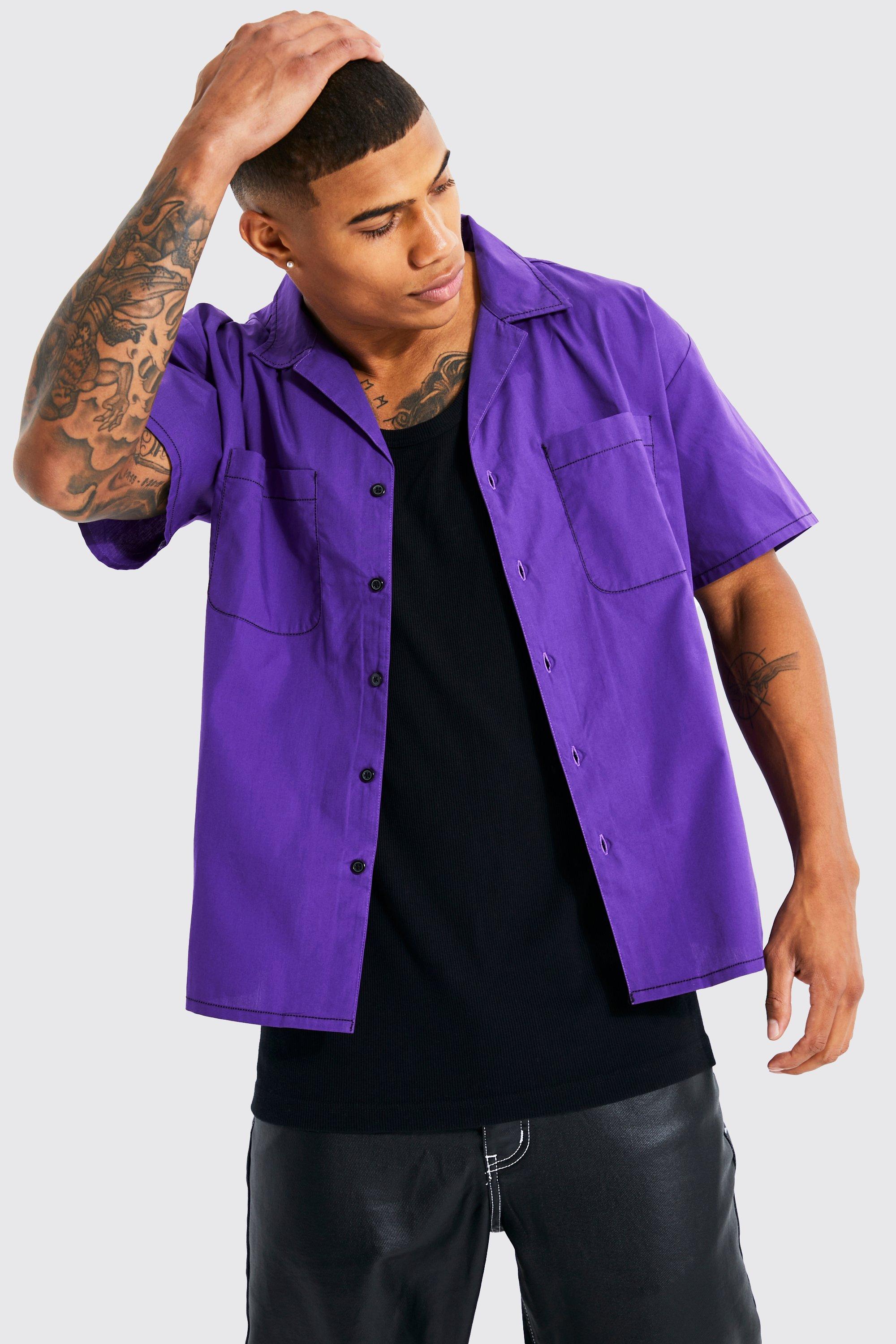 Boxy Overhemd Met Korte Mouwen En Contrasterende Stiksels, Purple