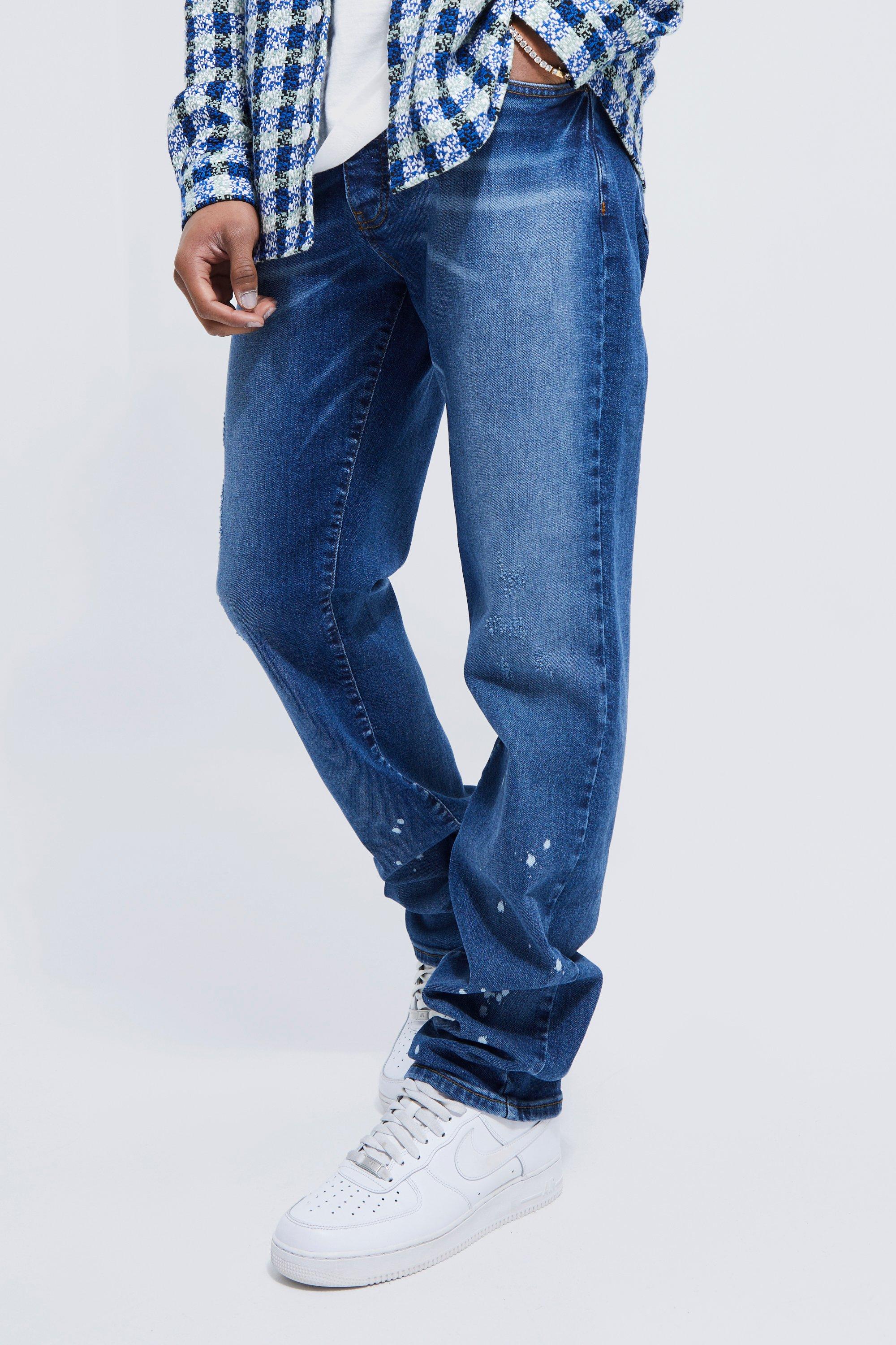 Versleten Stacked Jeans Met Gebleekte Spetters En Rechte Pijpen, Vintage Blue