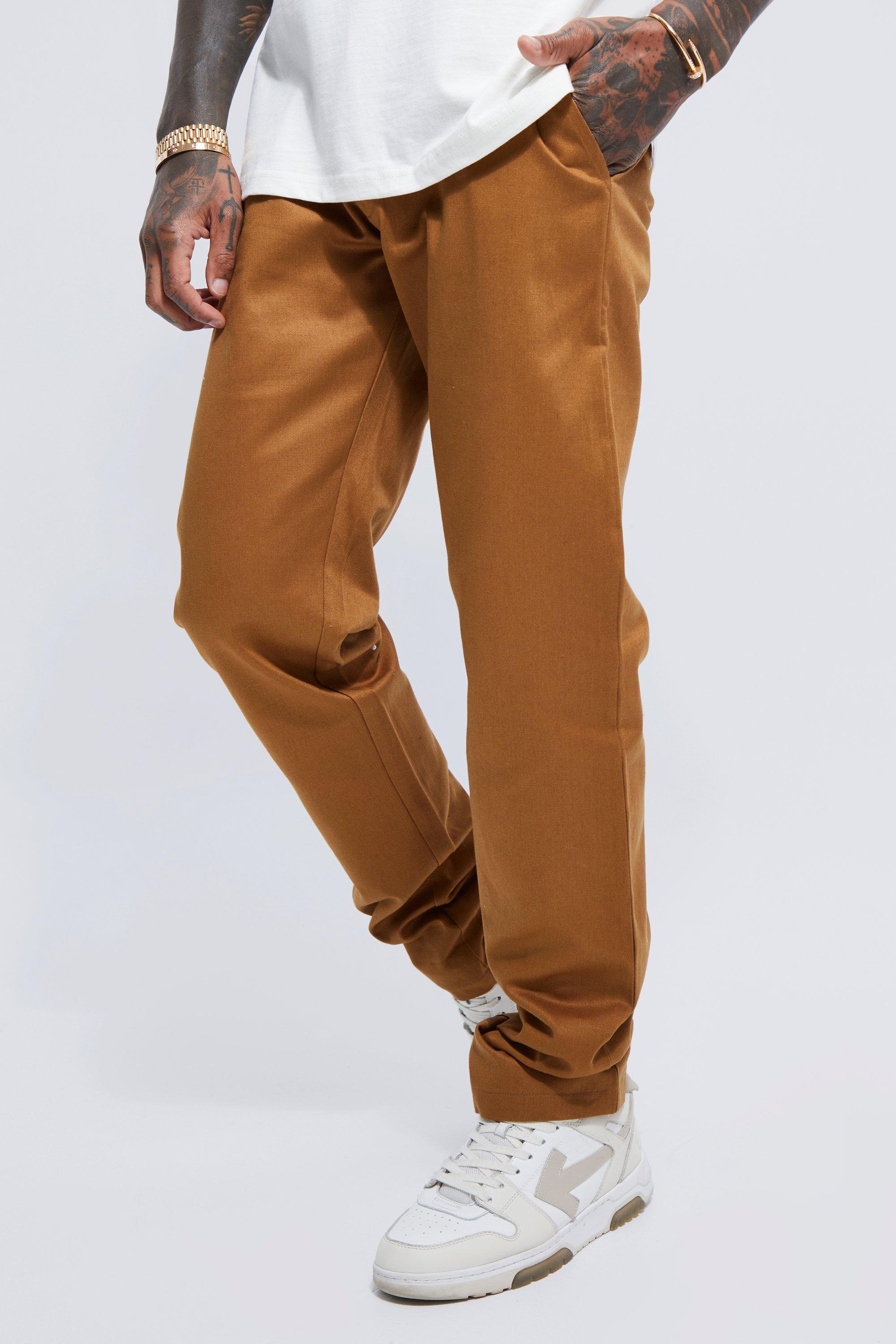 Mens Brown Fixed Waist Straight Stacked Twill Trouser, Brown