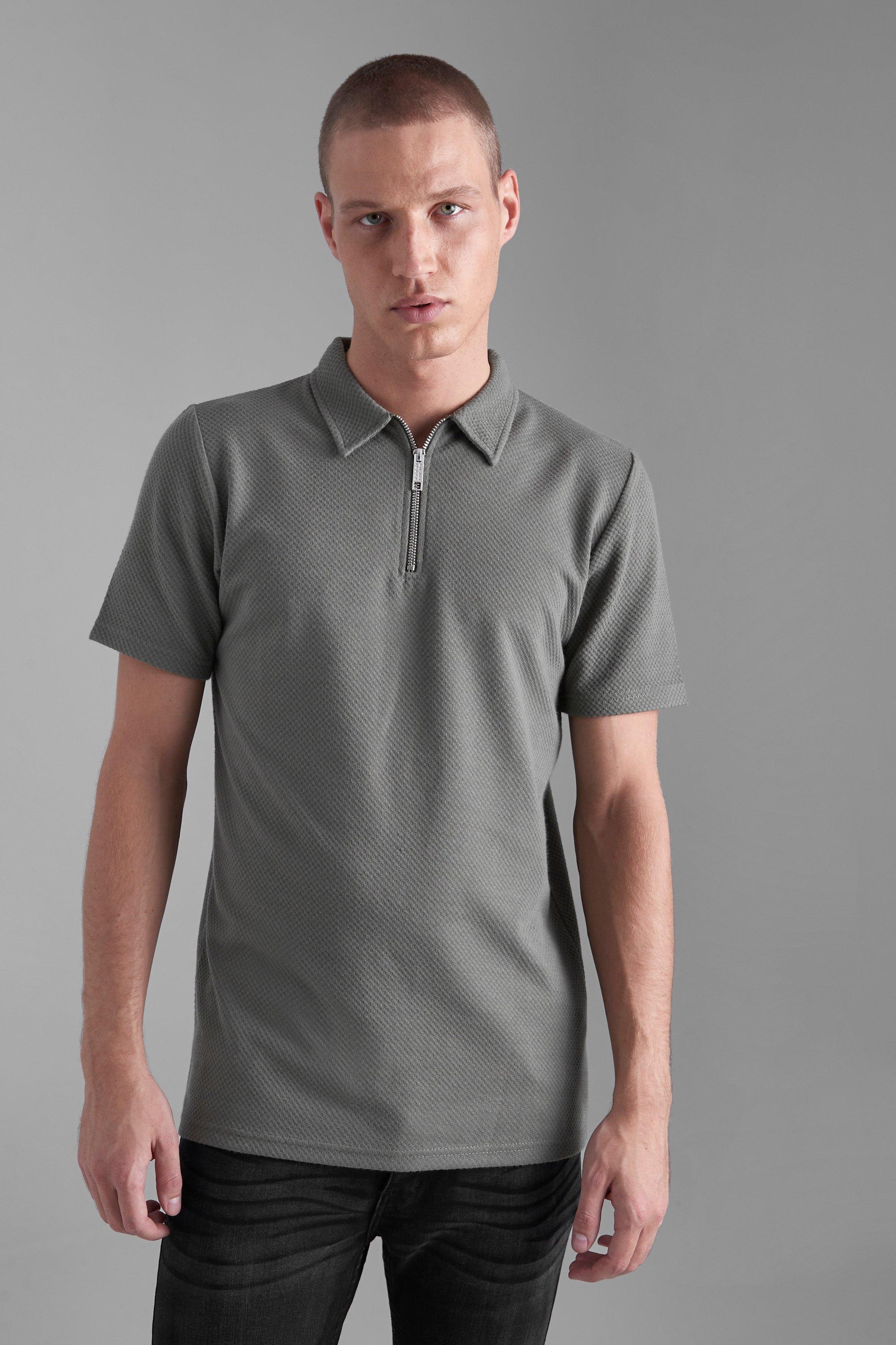Jacquard Slim Fit Polo Met Hals Rits, Olive