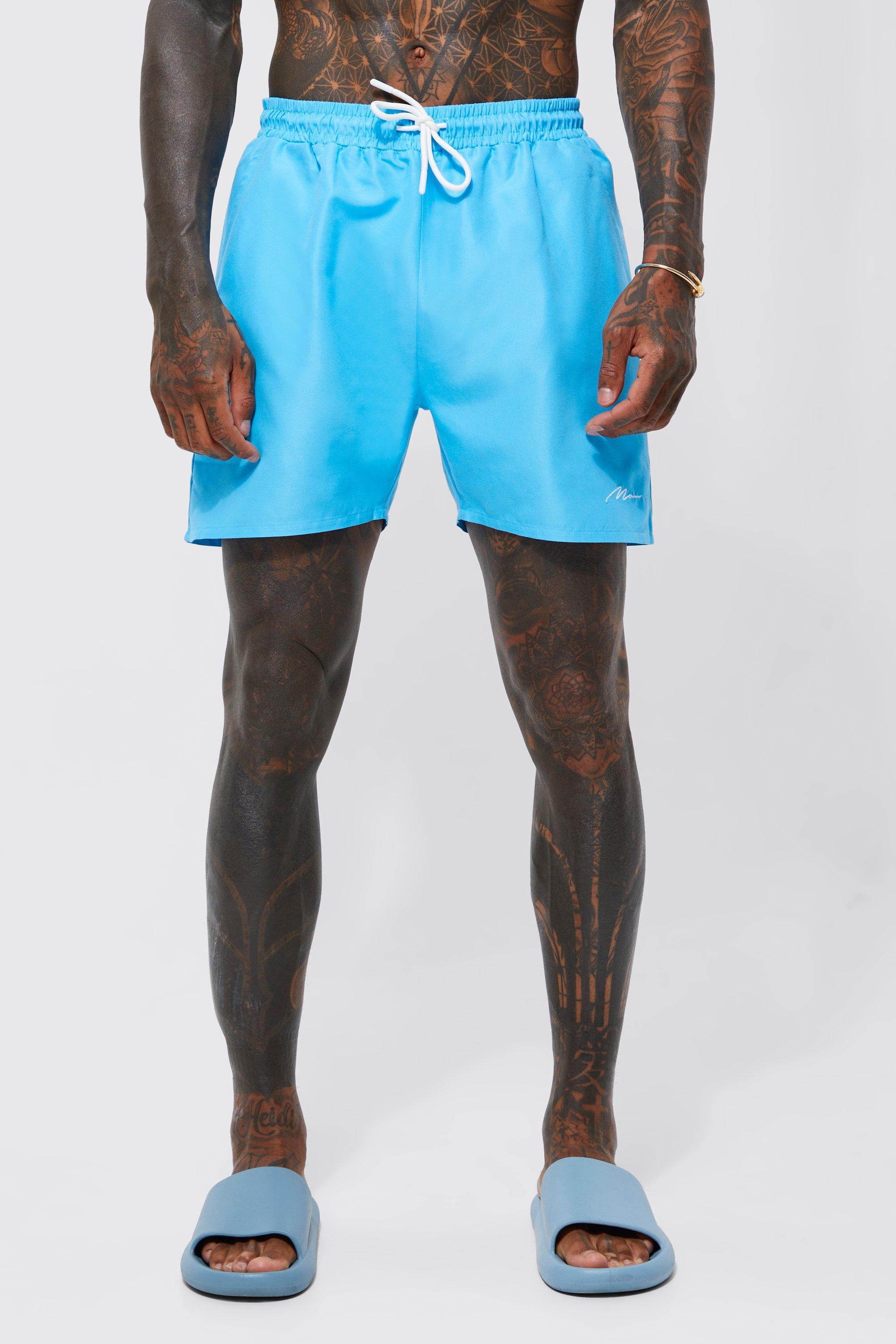 Mens Blue Man Signature Mid Length Swim Shorts, Blue