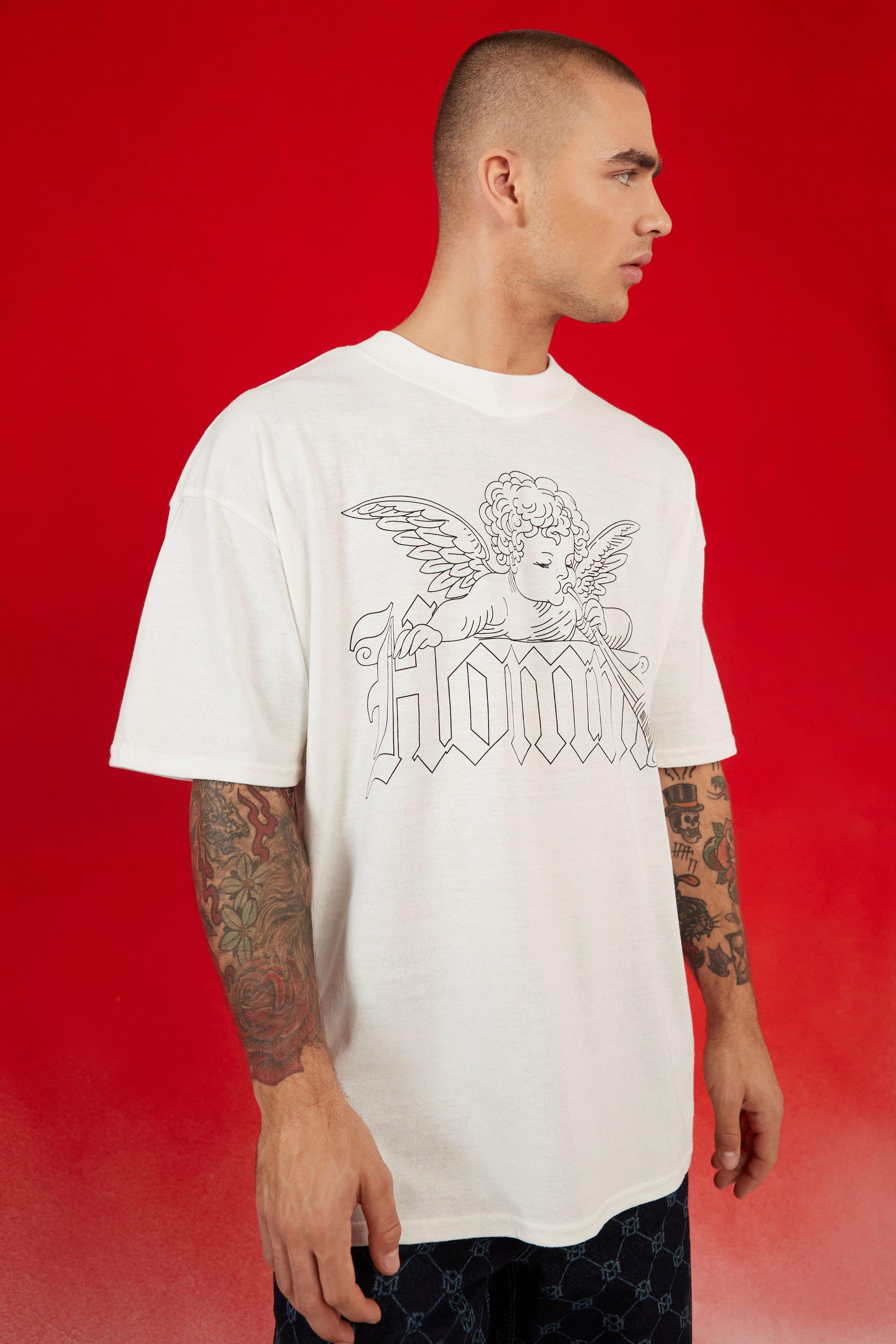 Image of T-shirt oversize con stampa di angelo e girocollo esteso, Bianco
