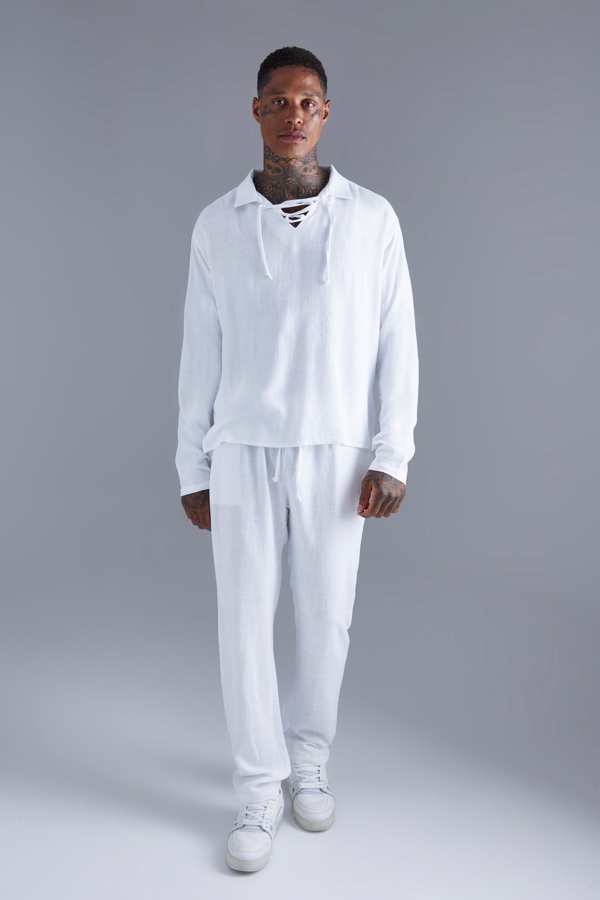 ensemble oversize en lin avec chemise et pantalon droit homme - blanc - s, blanc