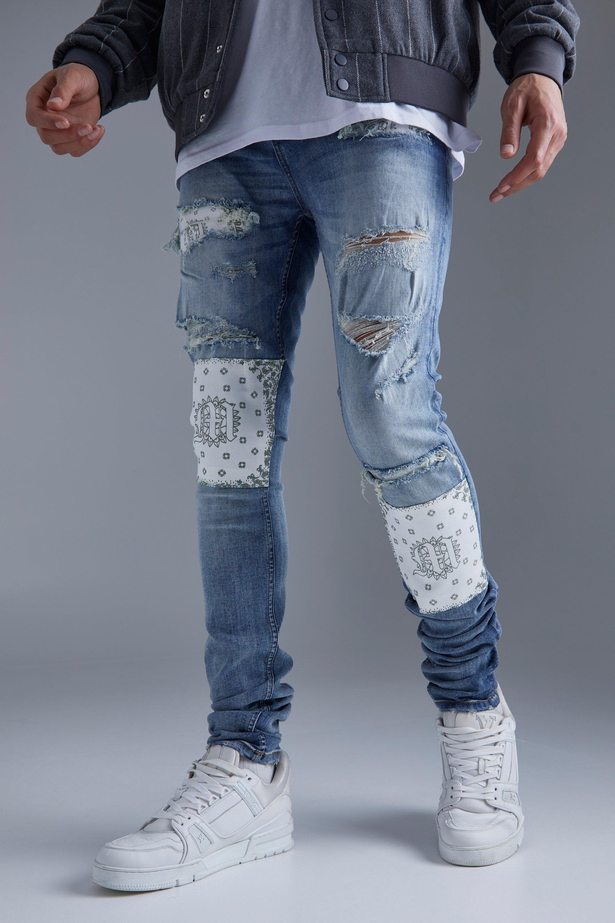 tall - jean skinny déchiré et réparé à imprimé bandana homme - bleu - 36, bleu