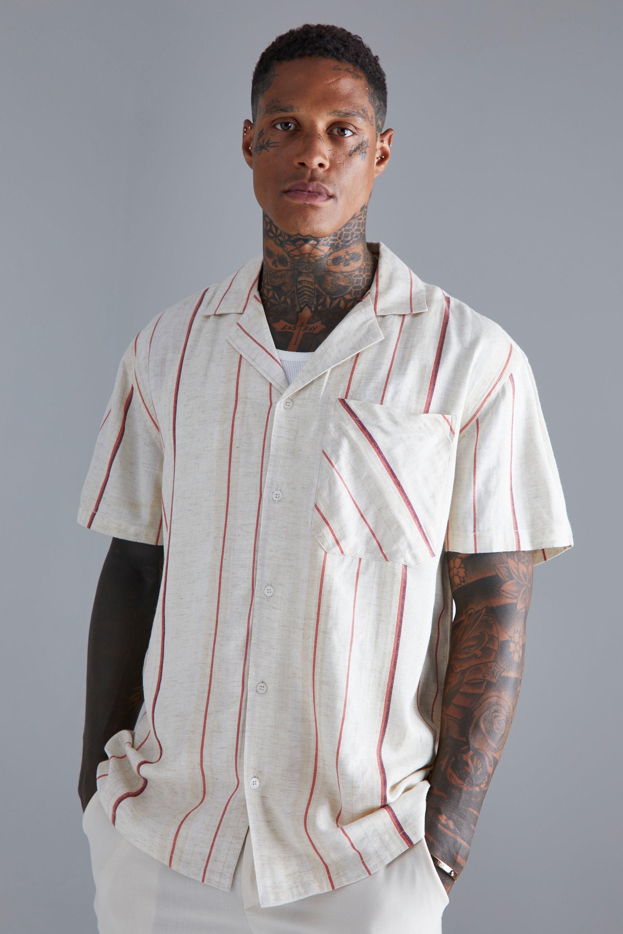 Mens Cream Short Sleeve Stripe Oversized Shirt, Cream