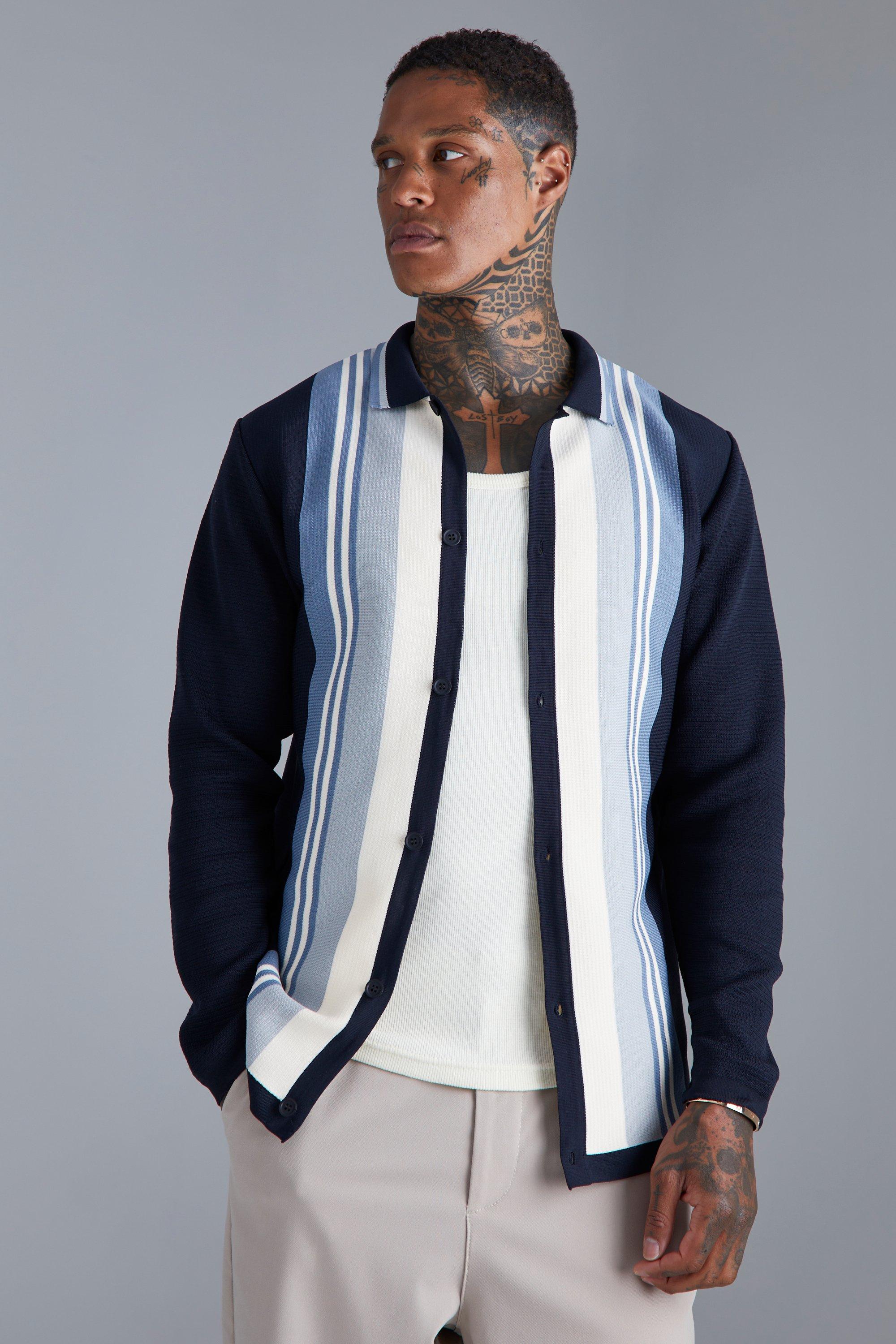 Image of Camicia a maniche lunghe in maglia a blocchi di colore, Navy