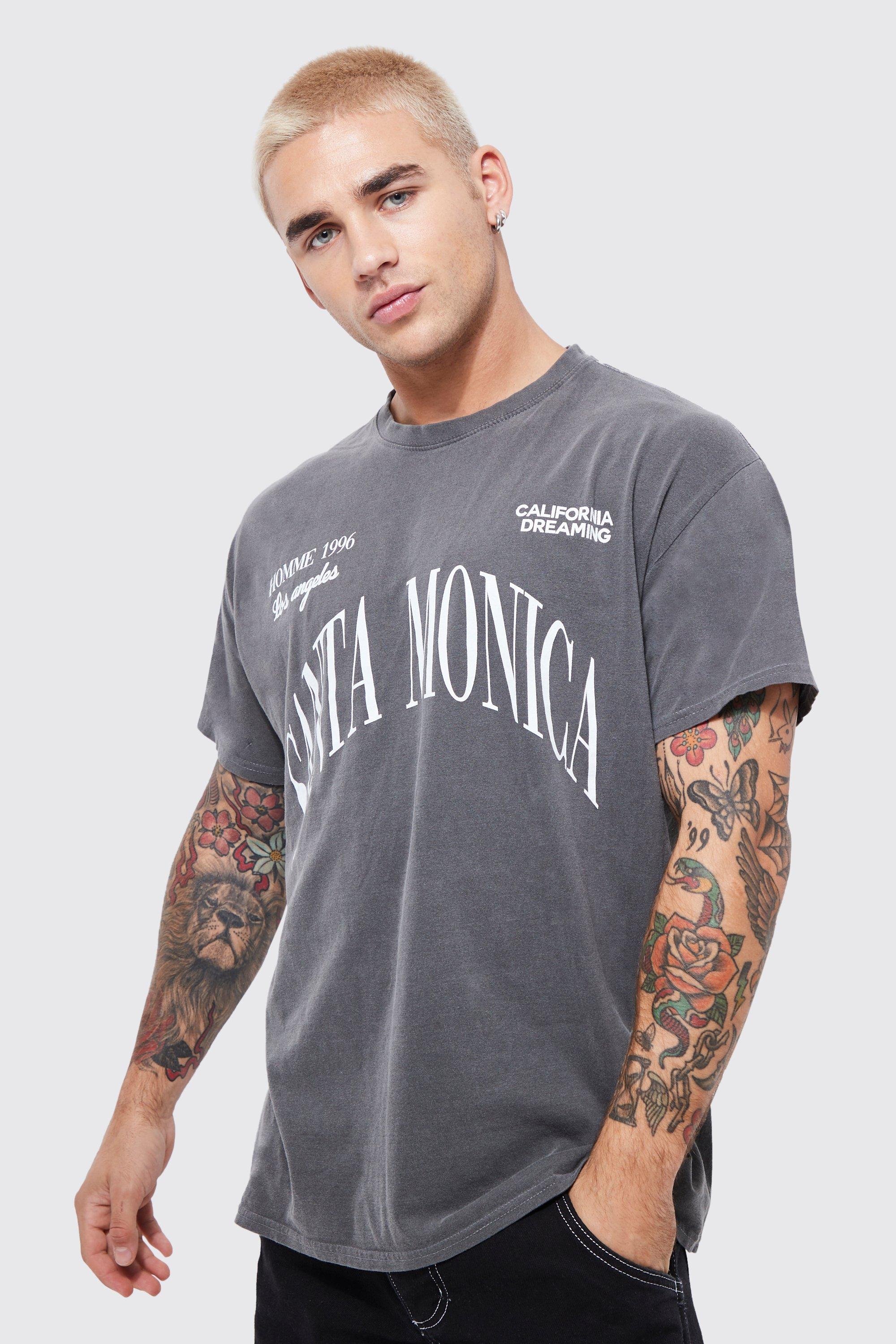 Image of T-shirt squadrata in lavaggio acido con stampa Santa Monica stile Varsity, Grigio