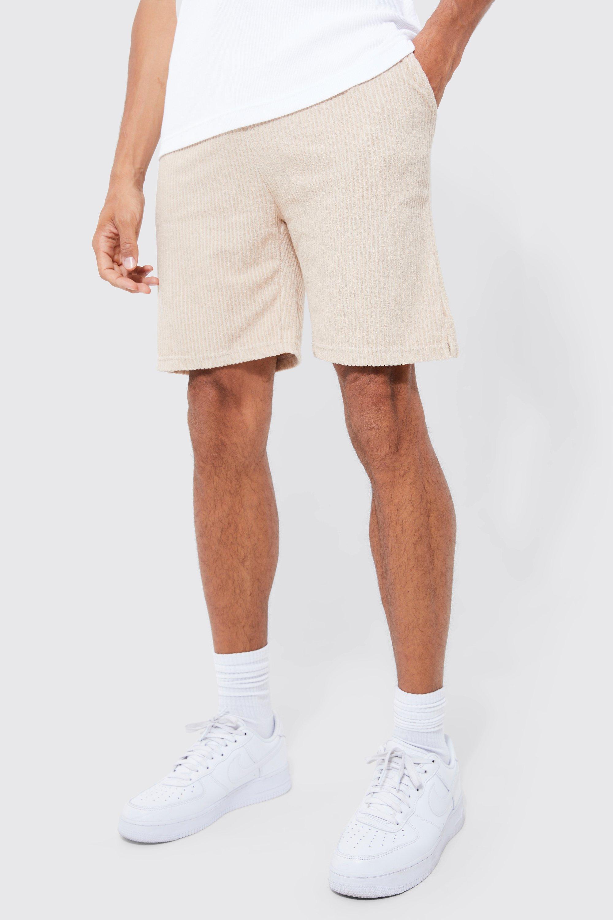 Mens Beige Tall Loose Fit Ribbed Towelling Shorts, Beige