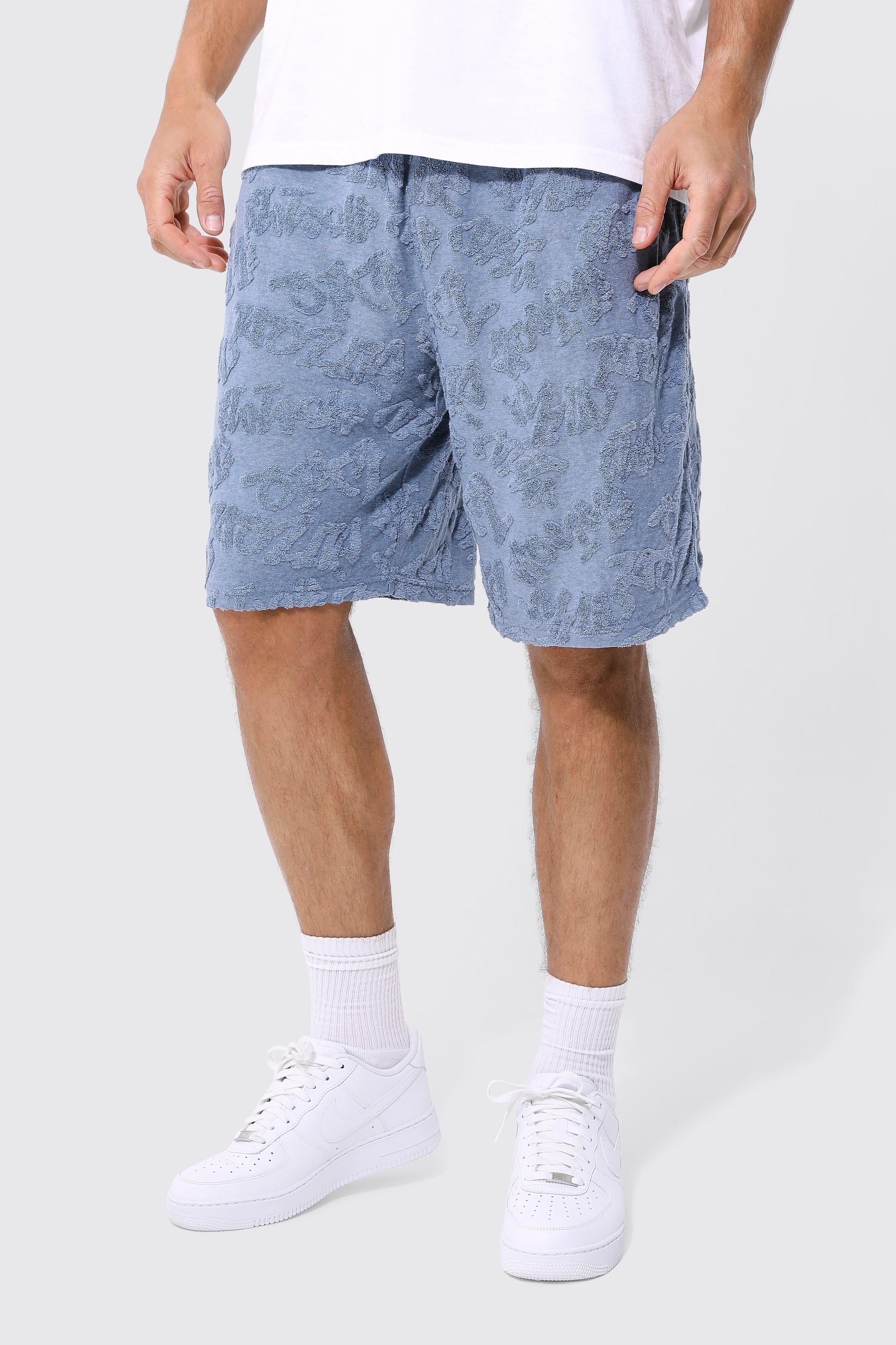 Mens Blue Tall Relaxed Embossed Pattern Shorts, Blue