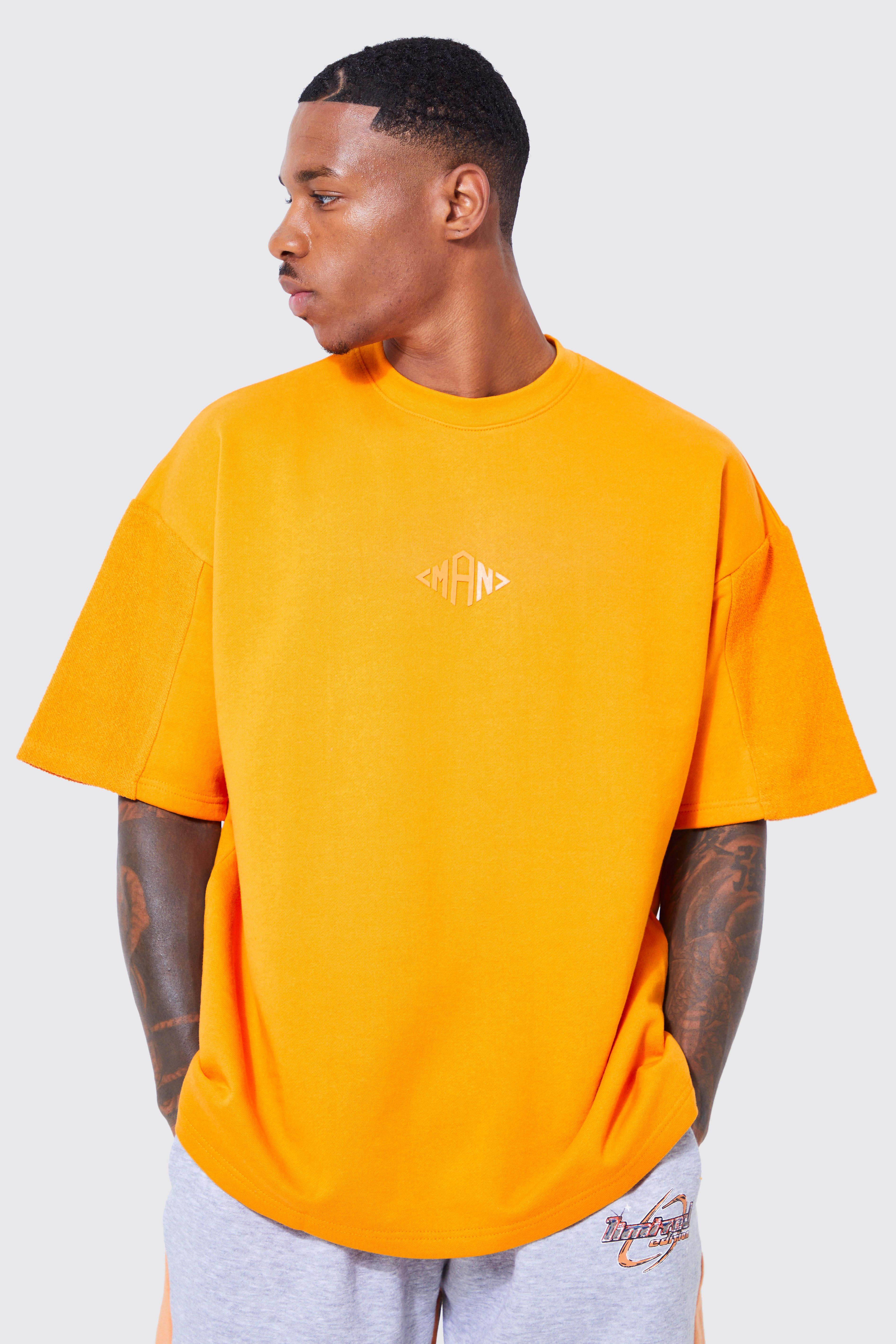 Mens Orange Oversized Silicone Print Panelled T-shirt, Orange