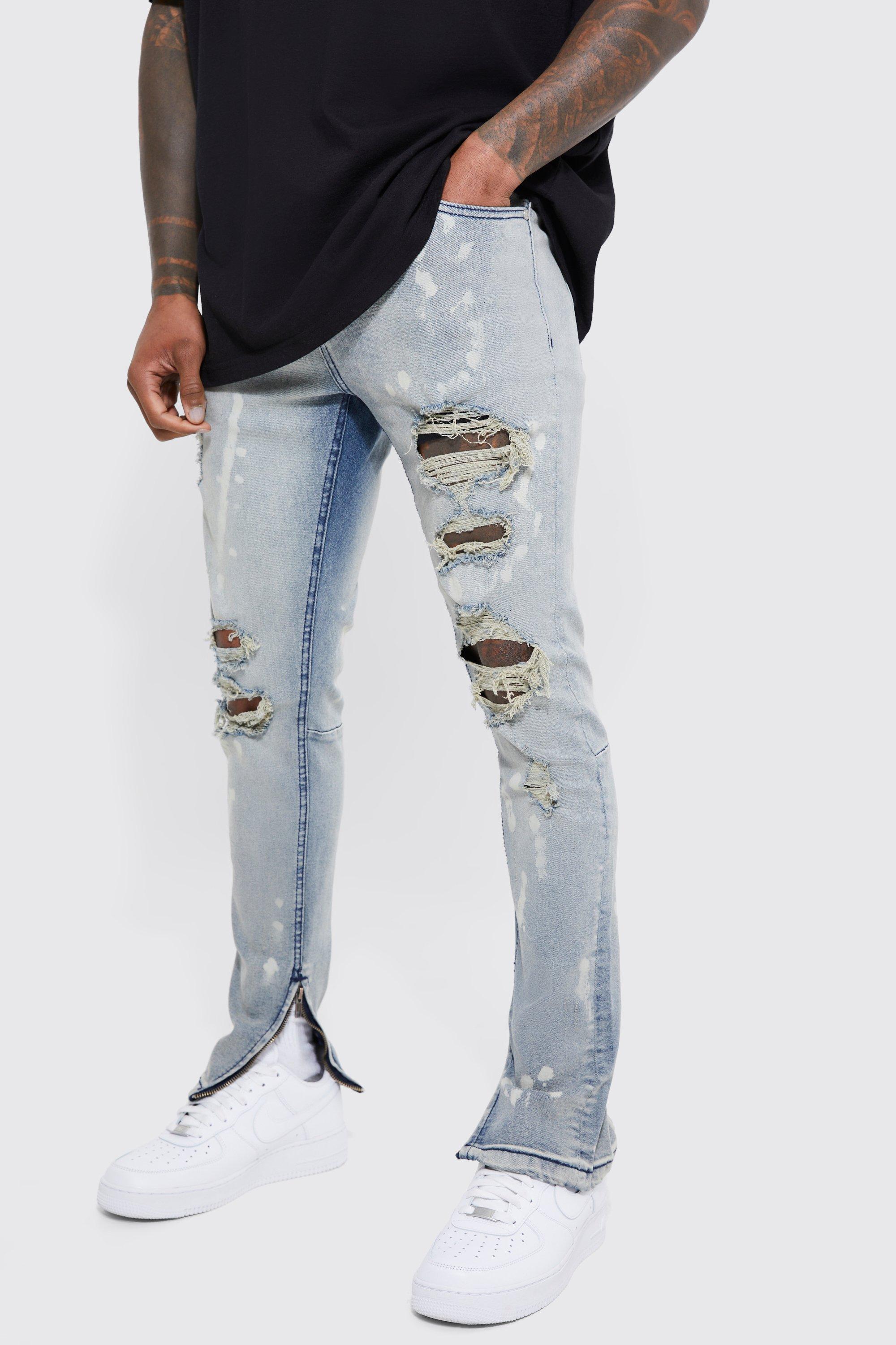 Mens Blue Skinny Stretch Ripped Bleached Jeans, Blue
