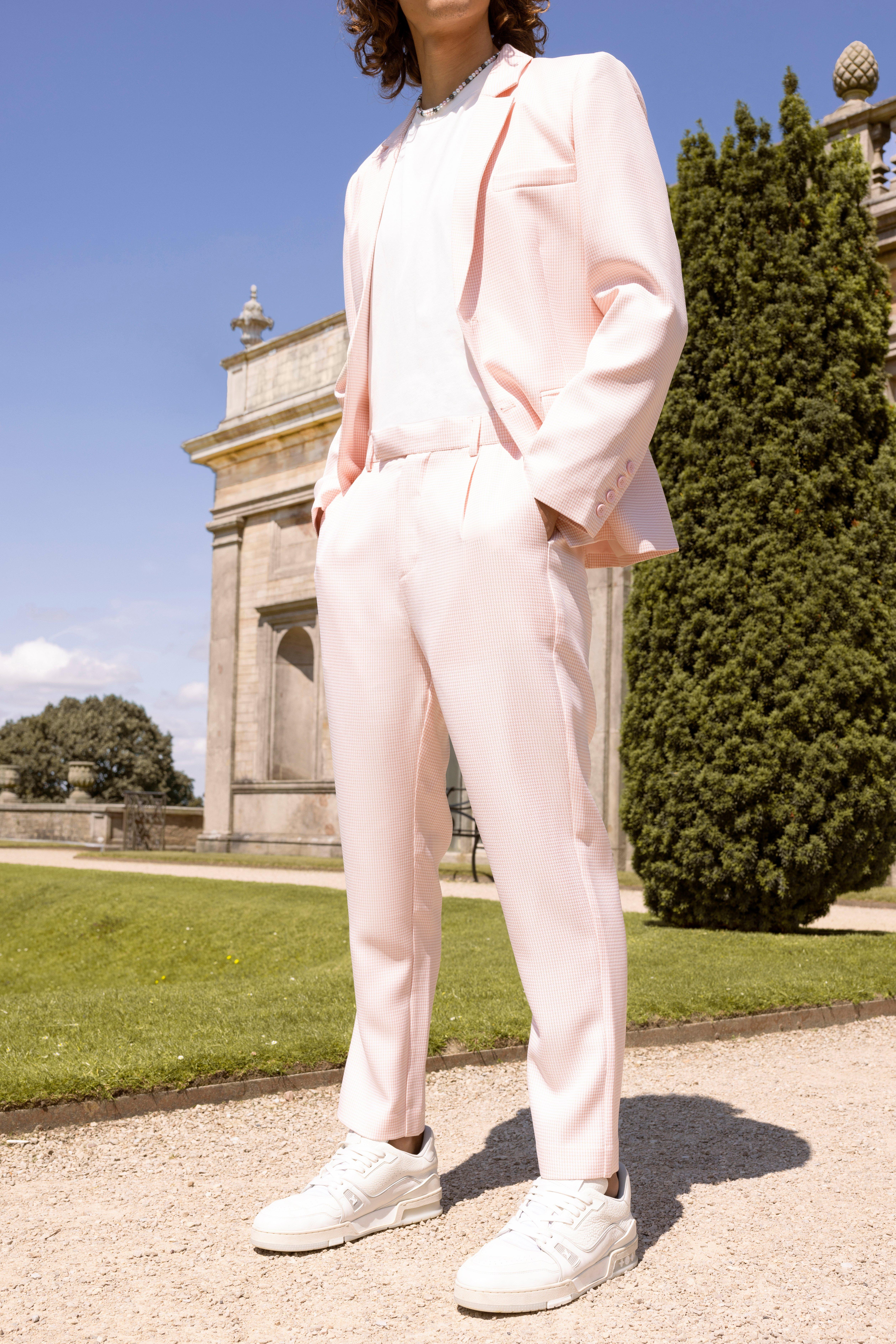 pantalon de costume fuselé à motif pied-de-poule homme - rose - 34s, rose