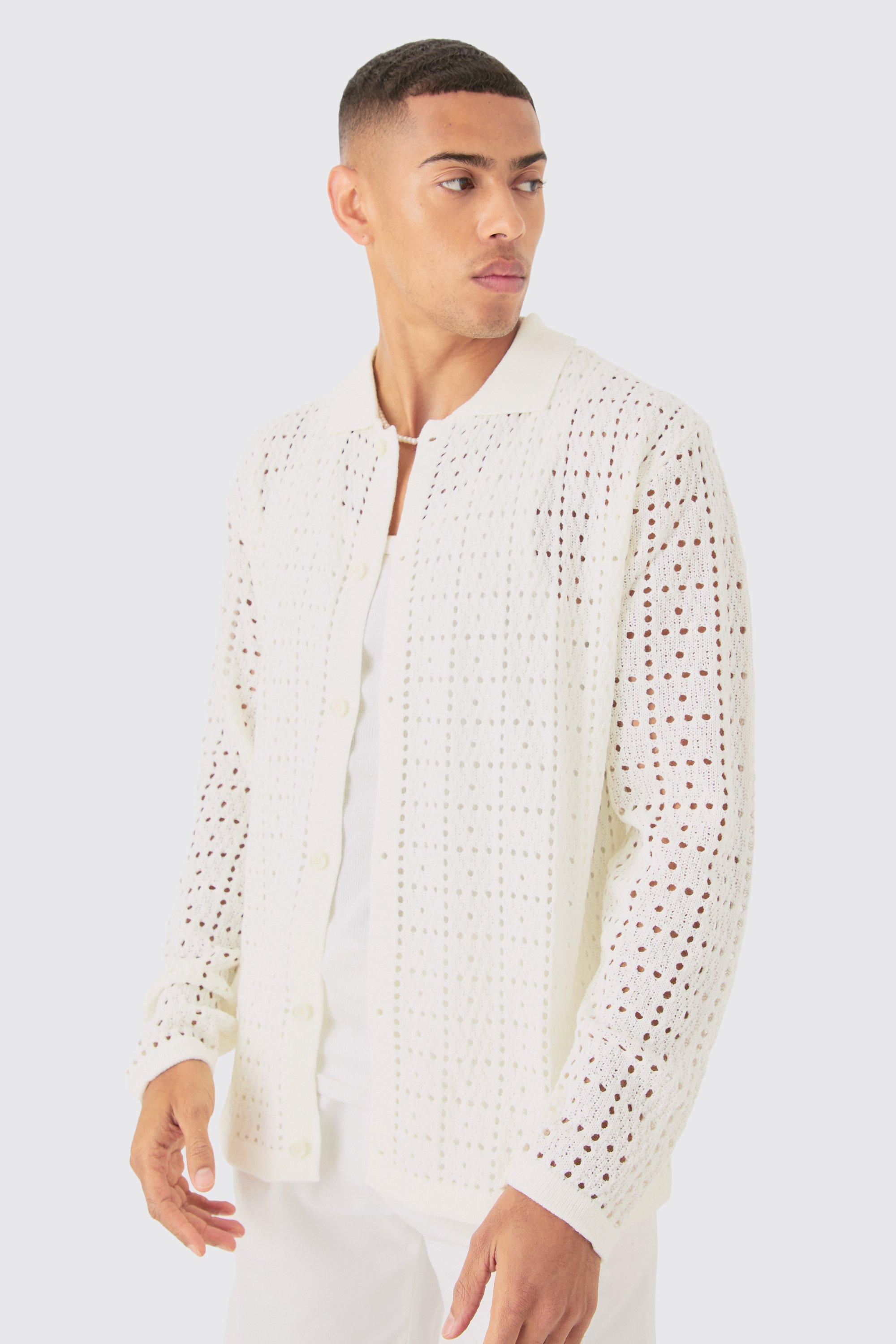 Mens White Oversized Long Sleeve Crochet Shirt, White