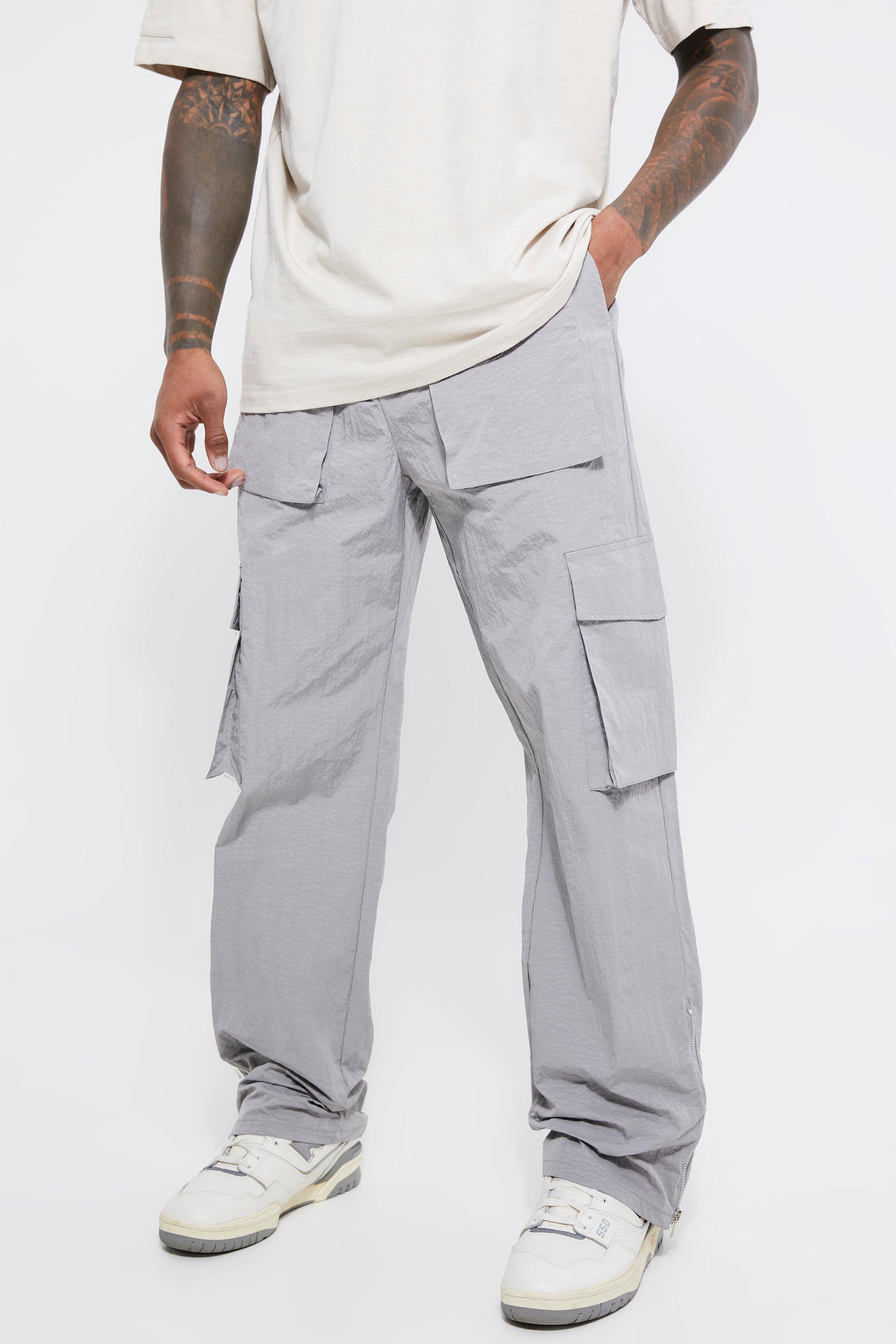 Mens Grey Elastic Relaxed Heavy Crinkle Cargo Trouser, Grey