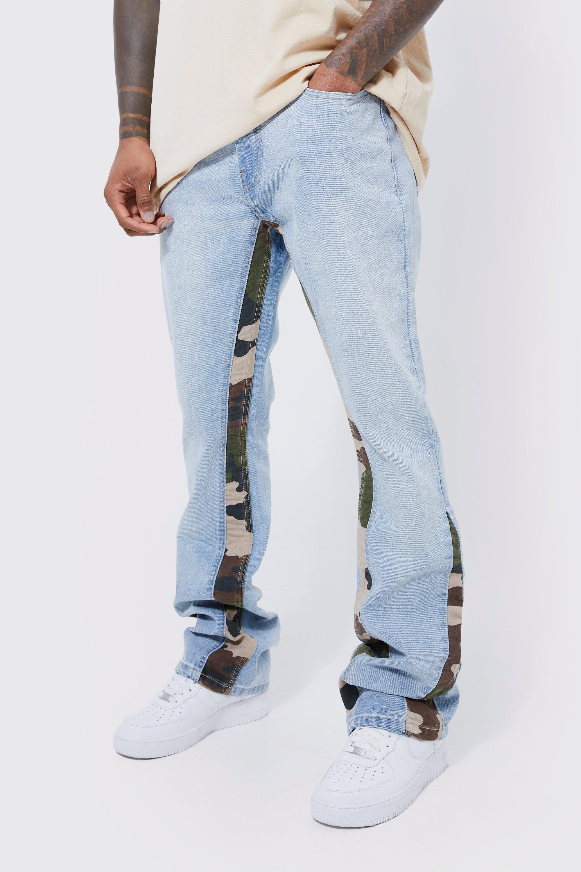Boohoo Flared Slim Fit Jeans Met Camo Panelen, Light Blue