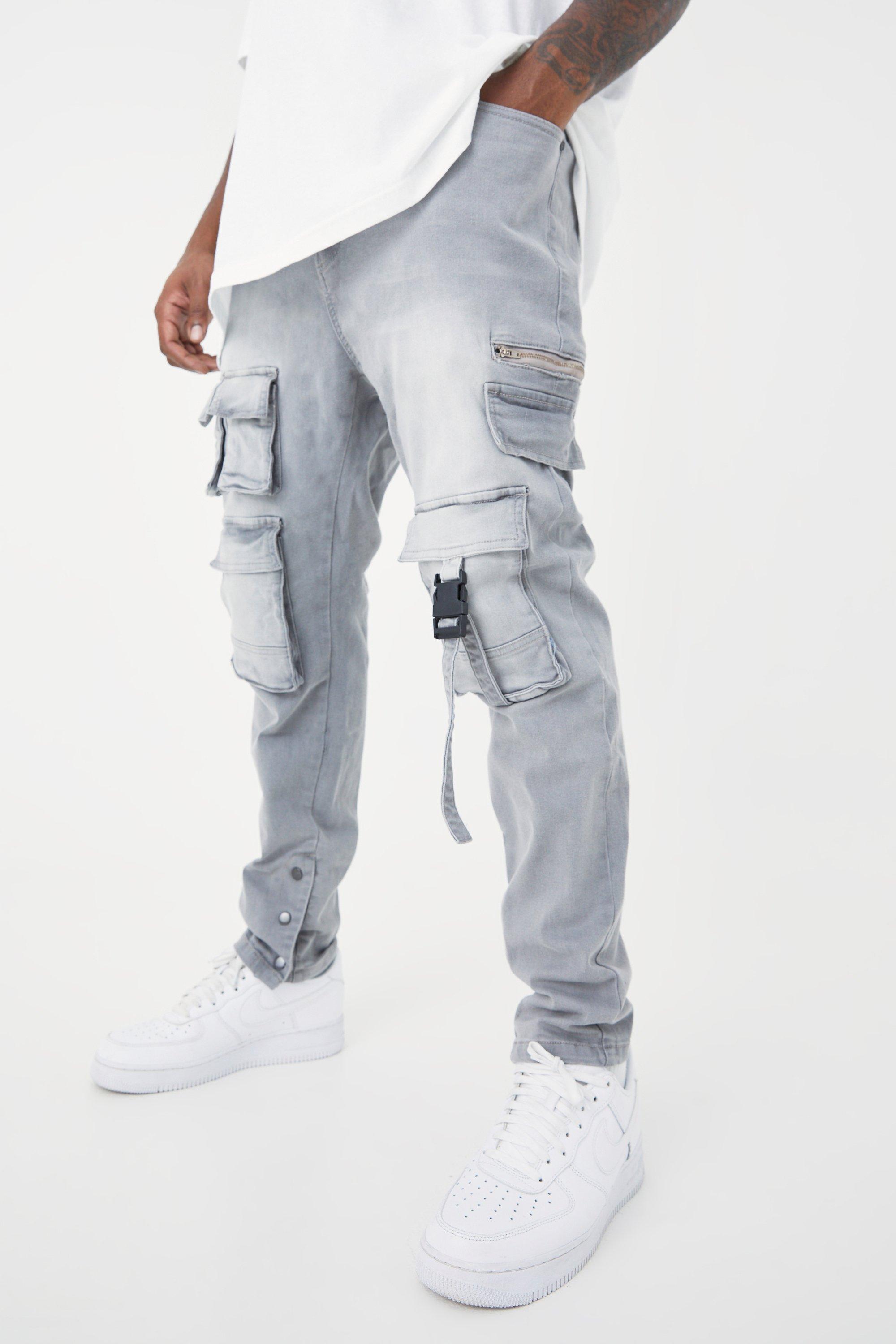 Mens Grey Plus Skinny Stretch Multi Pocket Cargo Jeans, Grey