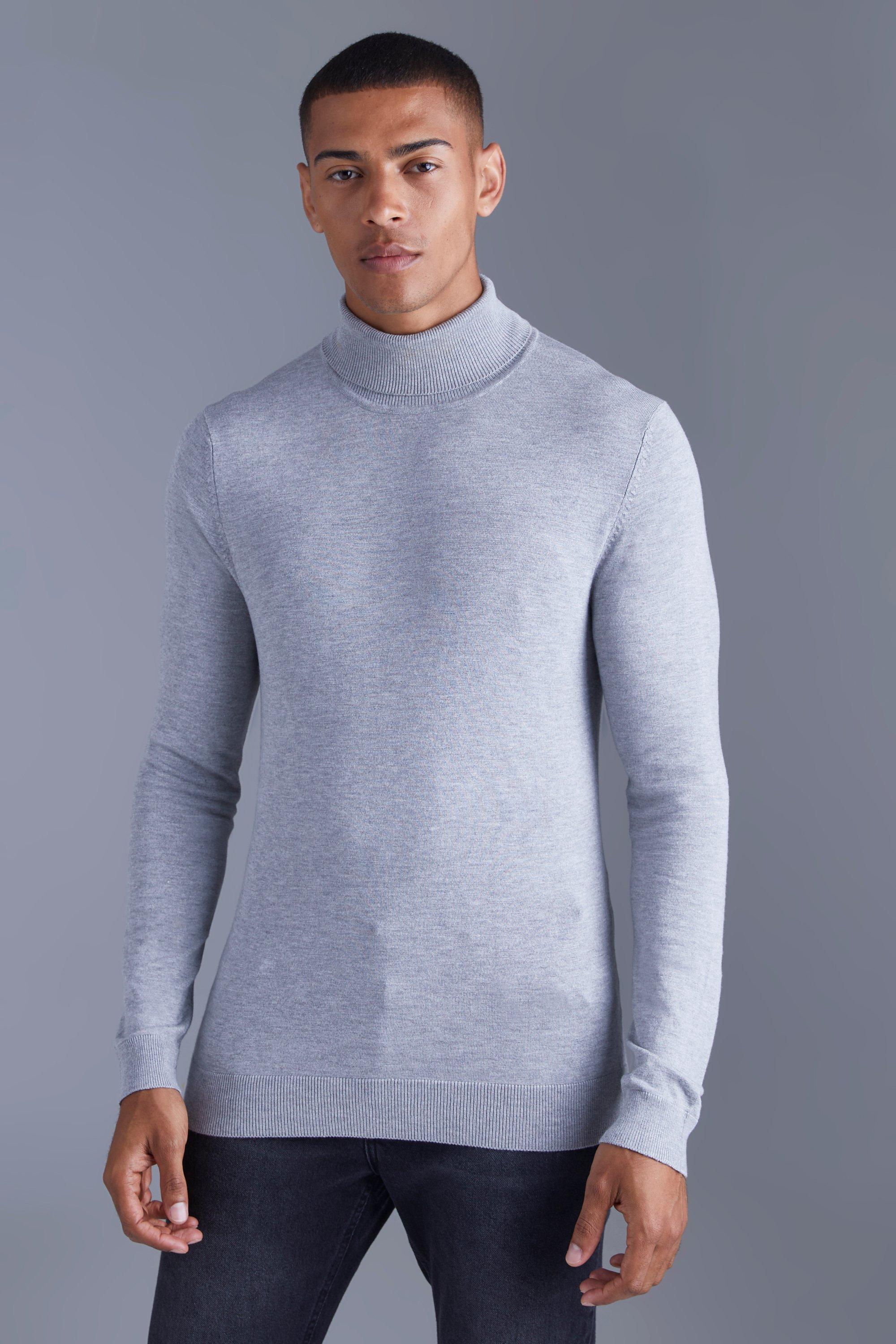 Mens Grey Muscle Roll Neck Jumper, Grey