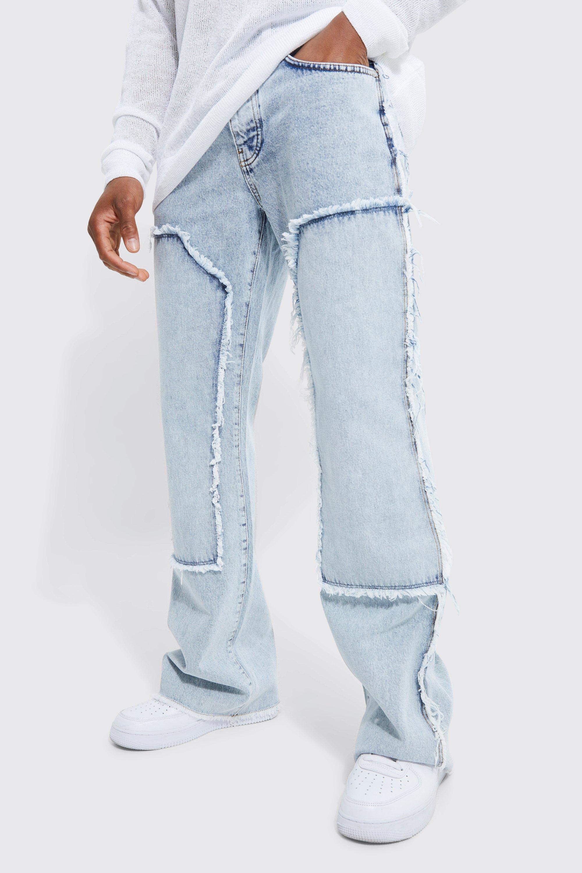 Boohoo Onbewerkte Baggy Flared Jeans Met Gerafelde Utility Panelen, Ice Blue
