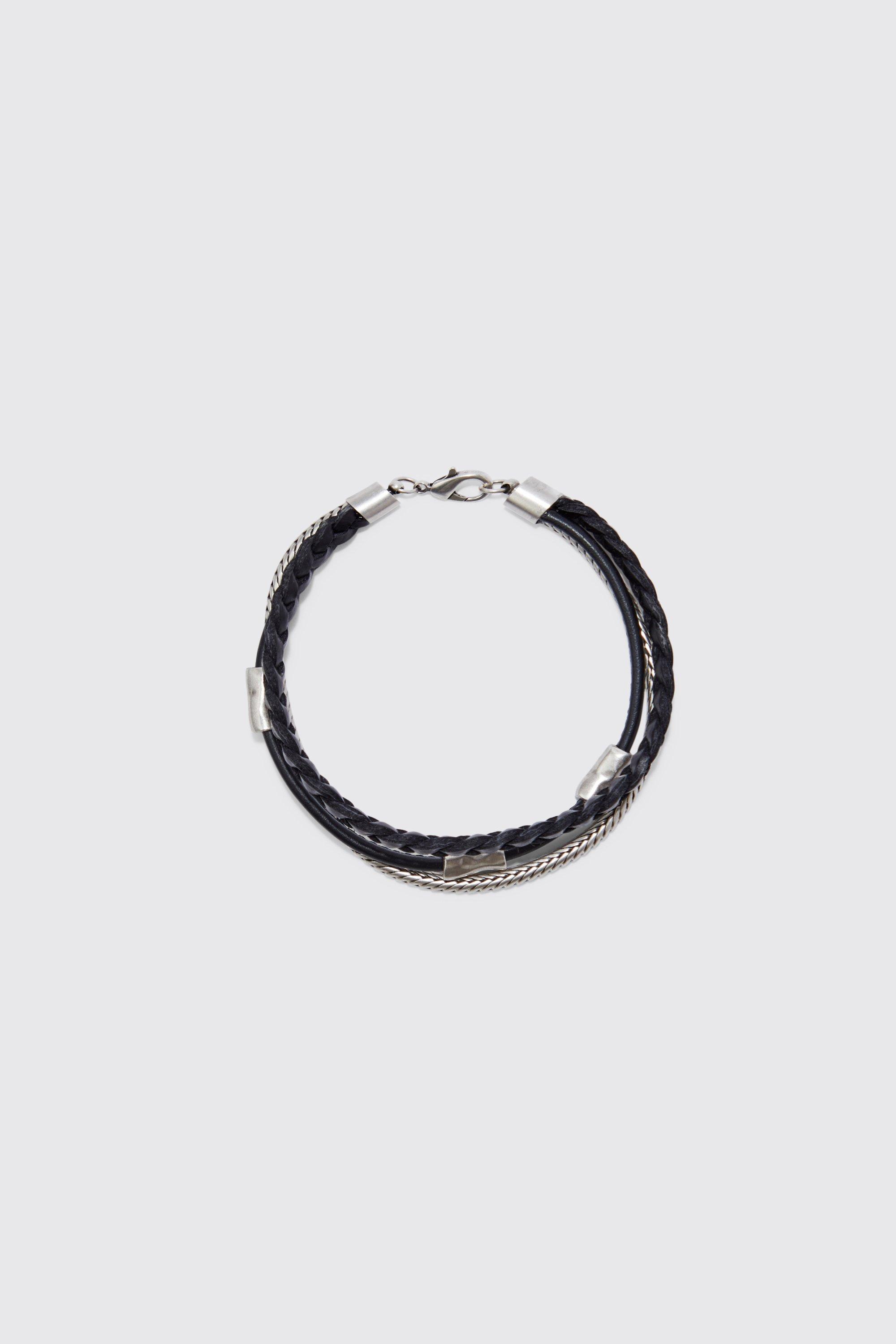 Mens Black Faux Leather Rope And Chain Detail Bracelets, Black