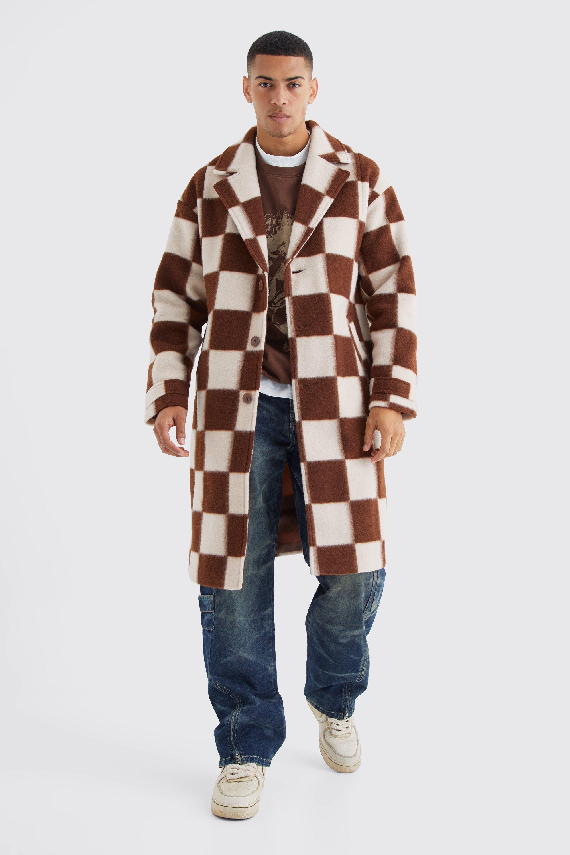 Mens Brown Wool Look Checkerboard Single Breasted Overcoat, Brown