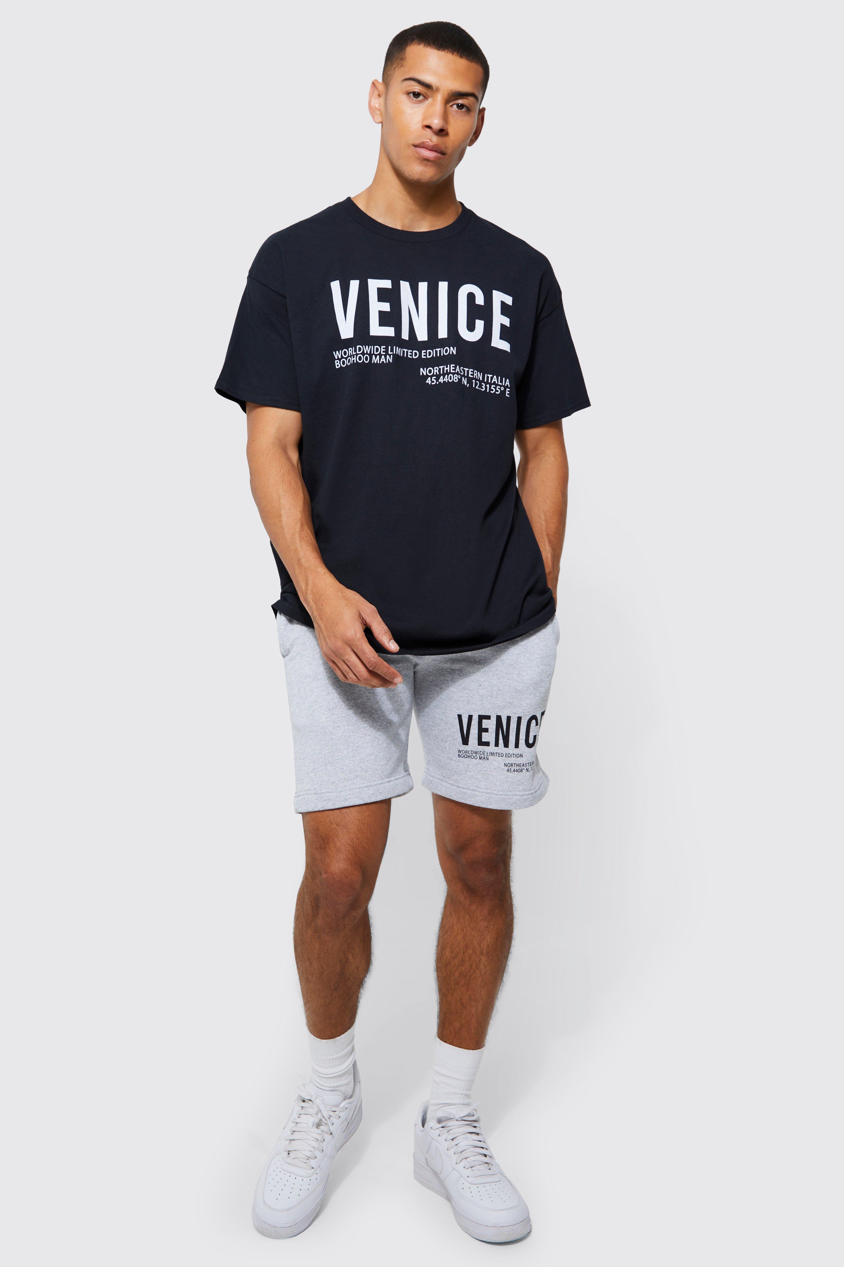 Mens Black Oversized Venice City Print T-shirt Set, Black