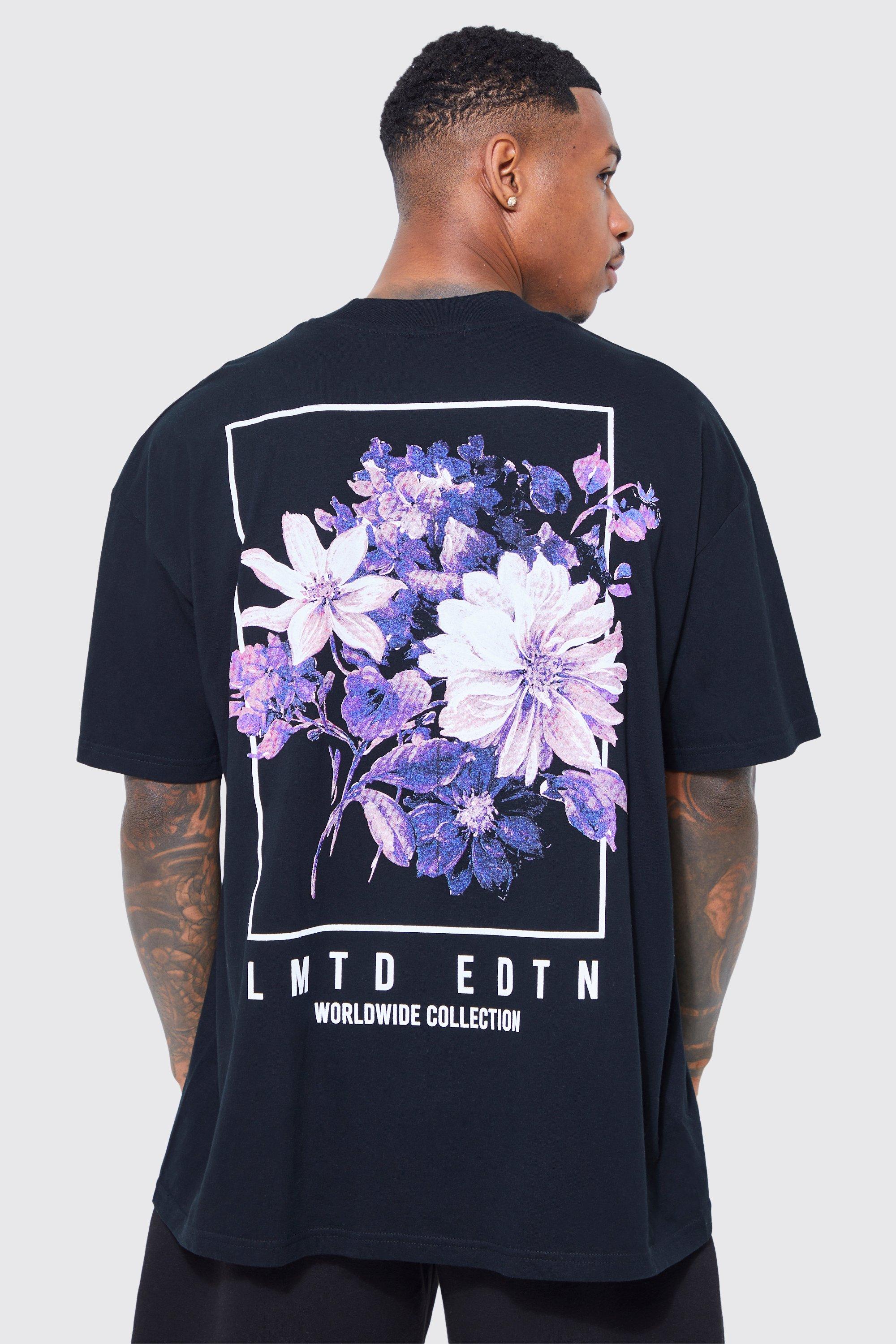 Image of T-shirt oversize con stampa di fiori sul retro, Nero