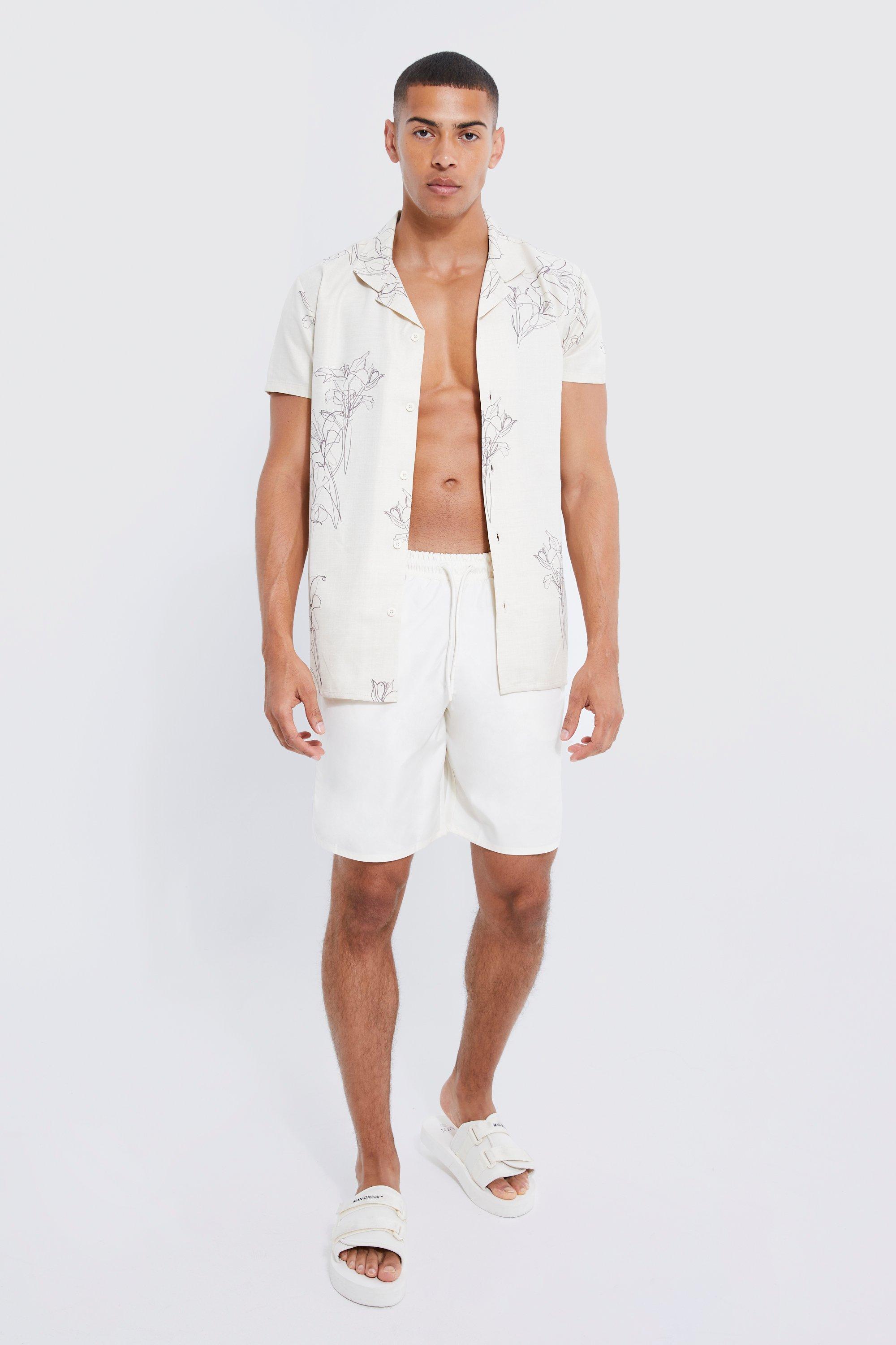 ensemble avec chemise imprimée en lin et short de bain homme - blanc - xl, blanc